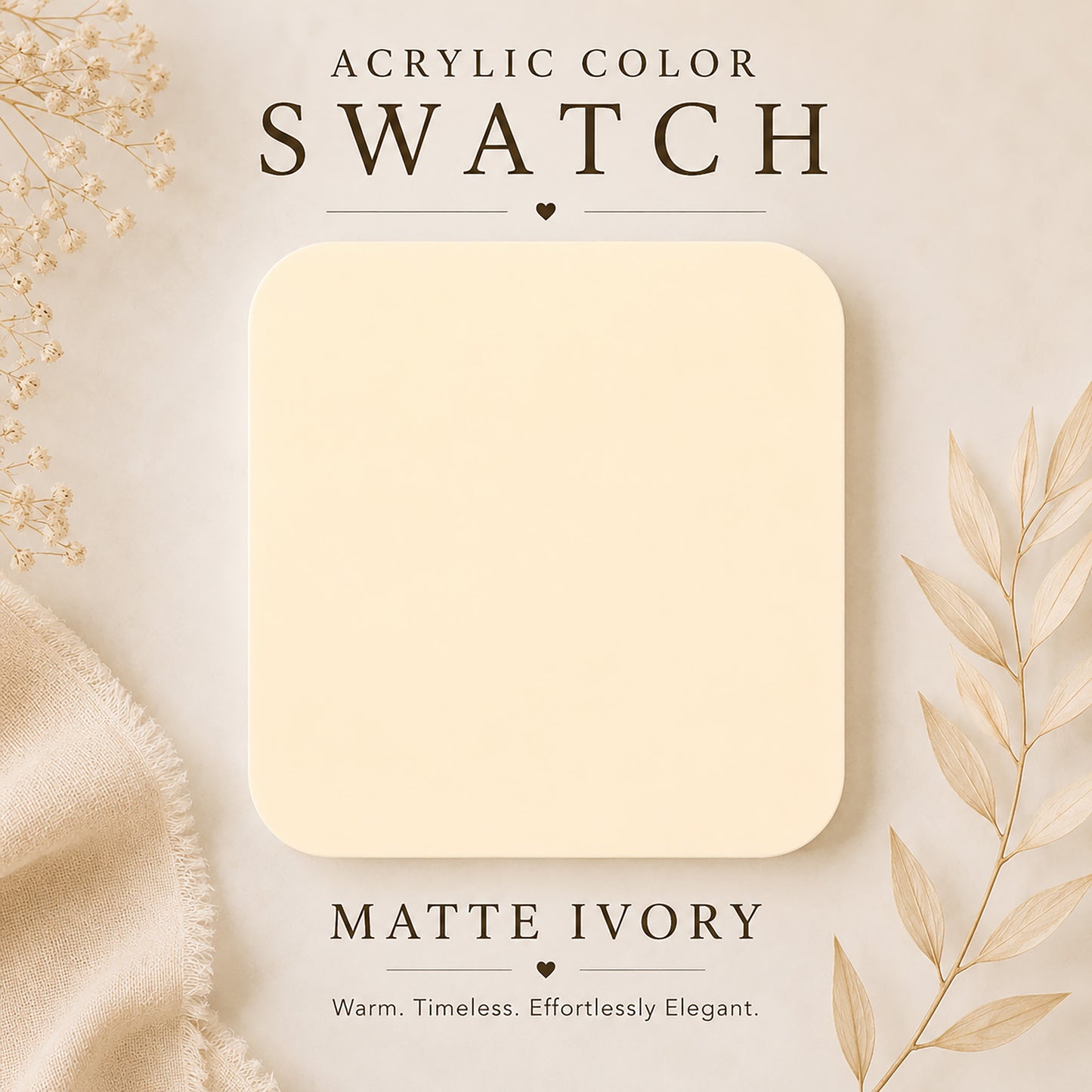 Acrylic color swatch labeled 'Matte Ivory' on a beige background with decorative elements.