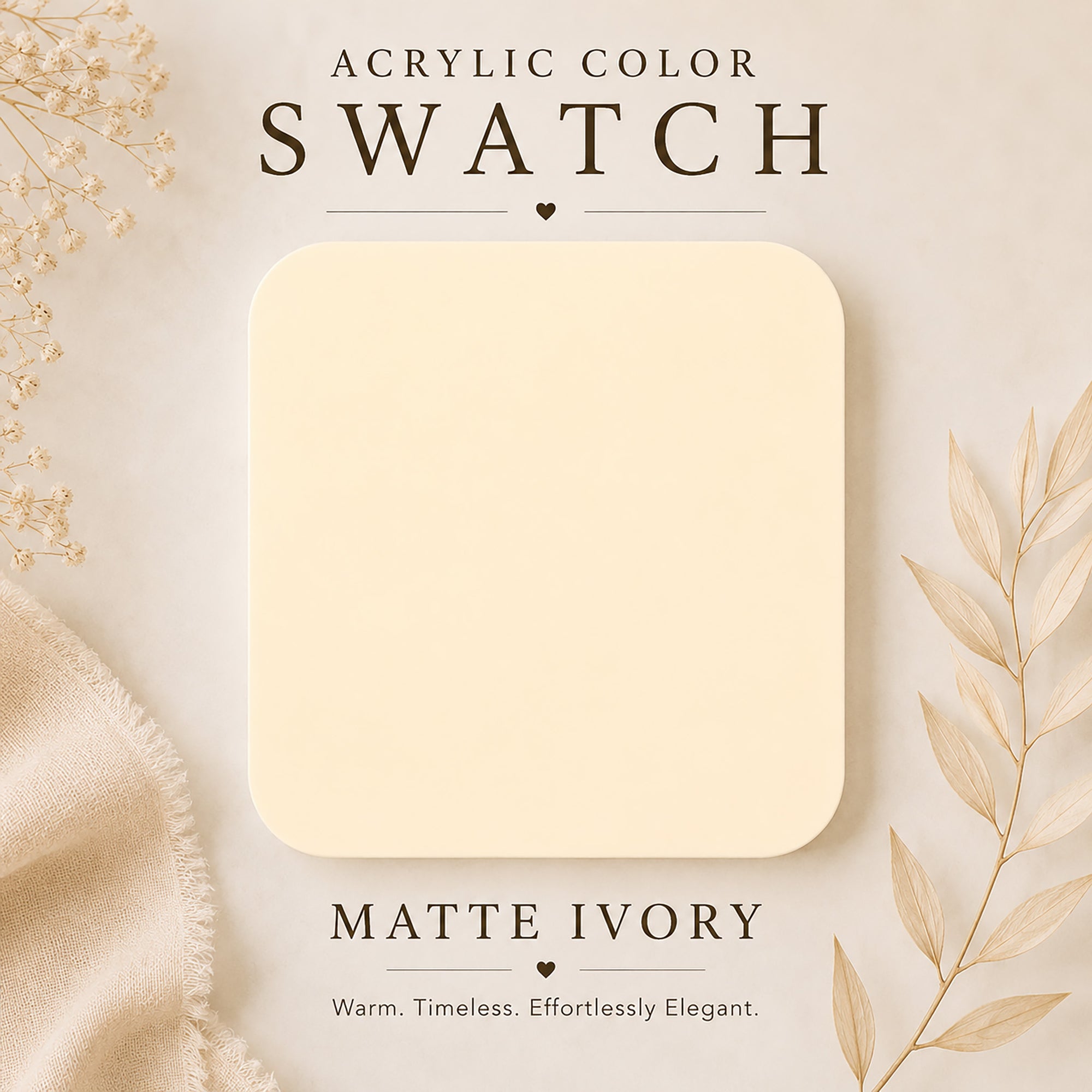 Acrylic color swatch labeled 'Matte Ivory' on a beige background with decorative elements.