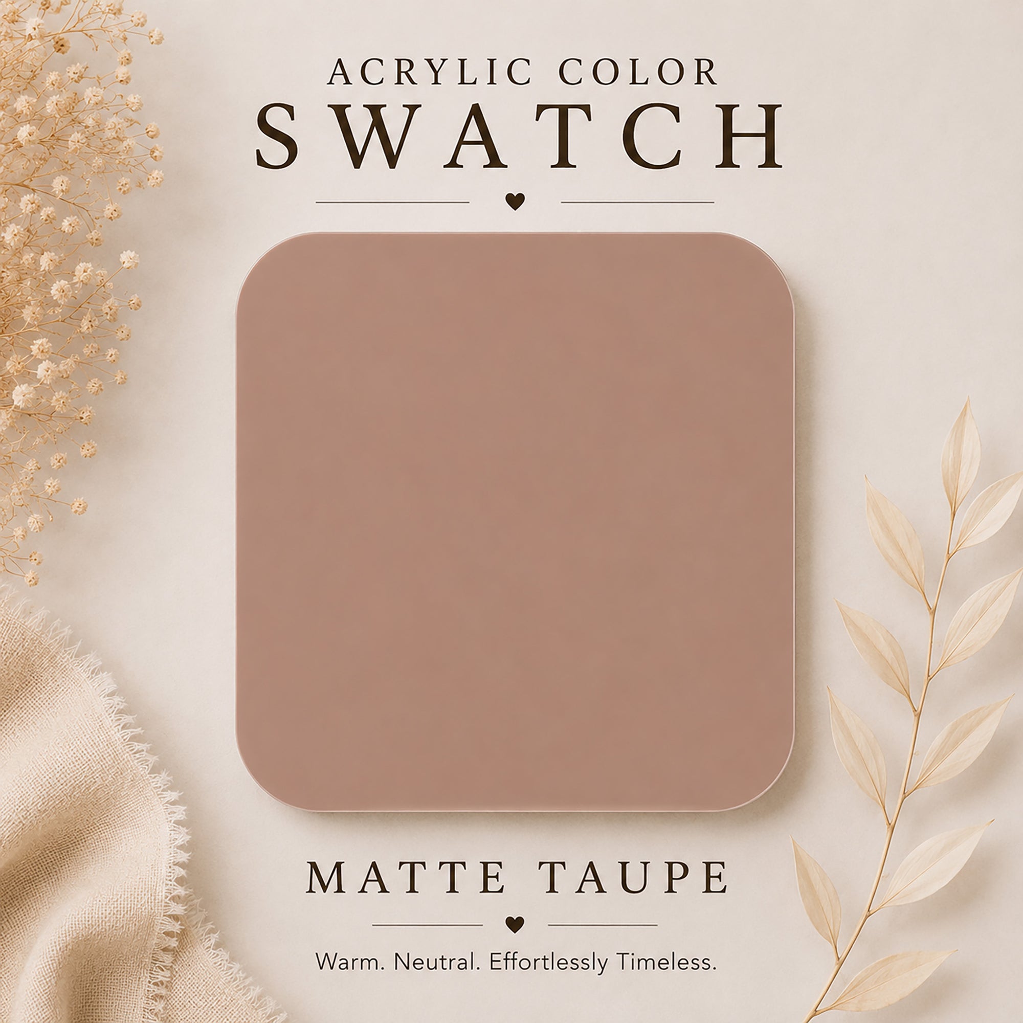 Matte taupe color swatch with decorative elements on a beige background