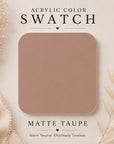 Matte taupe color swatch with decorative elements on a beige background