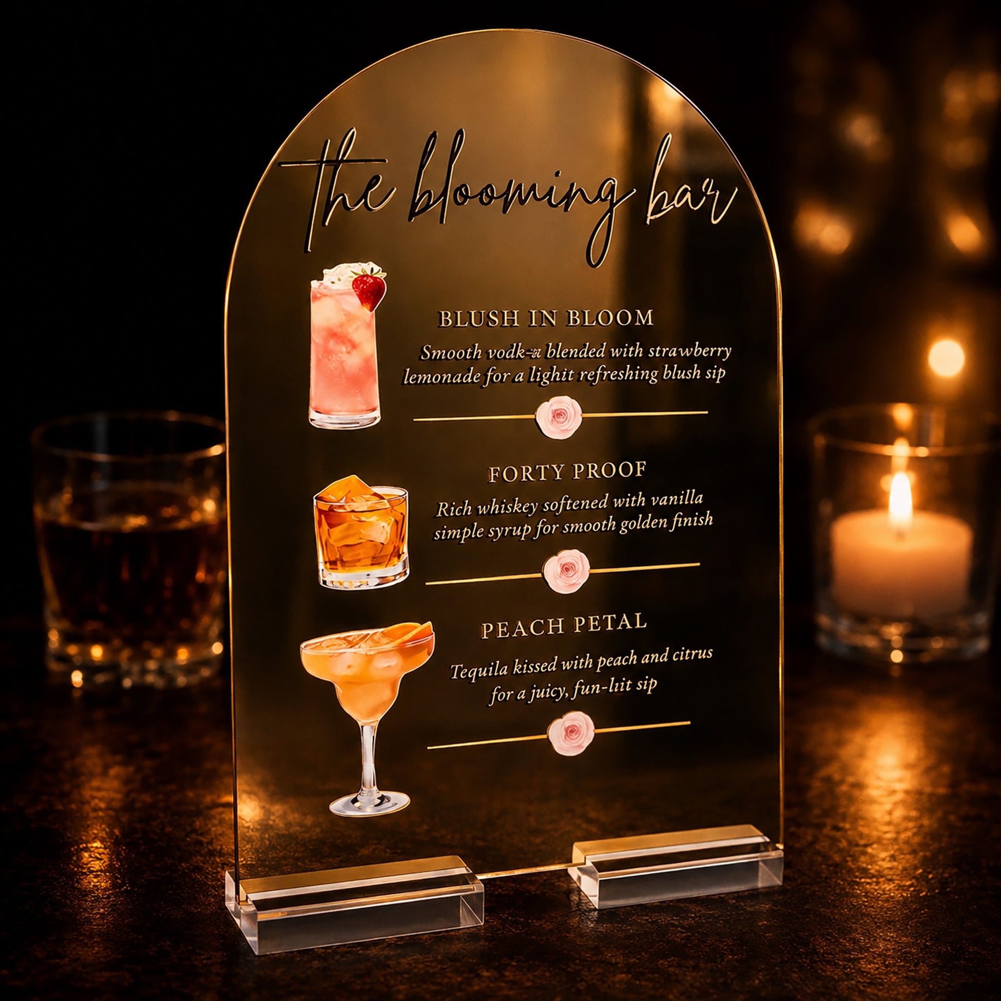 Glass drink menu with cocktail illustrations and descriptions on a dark background