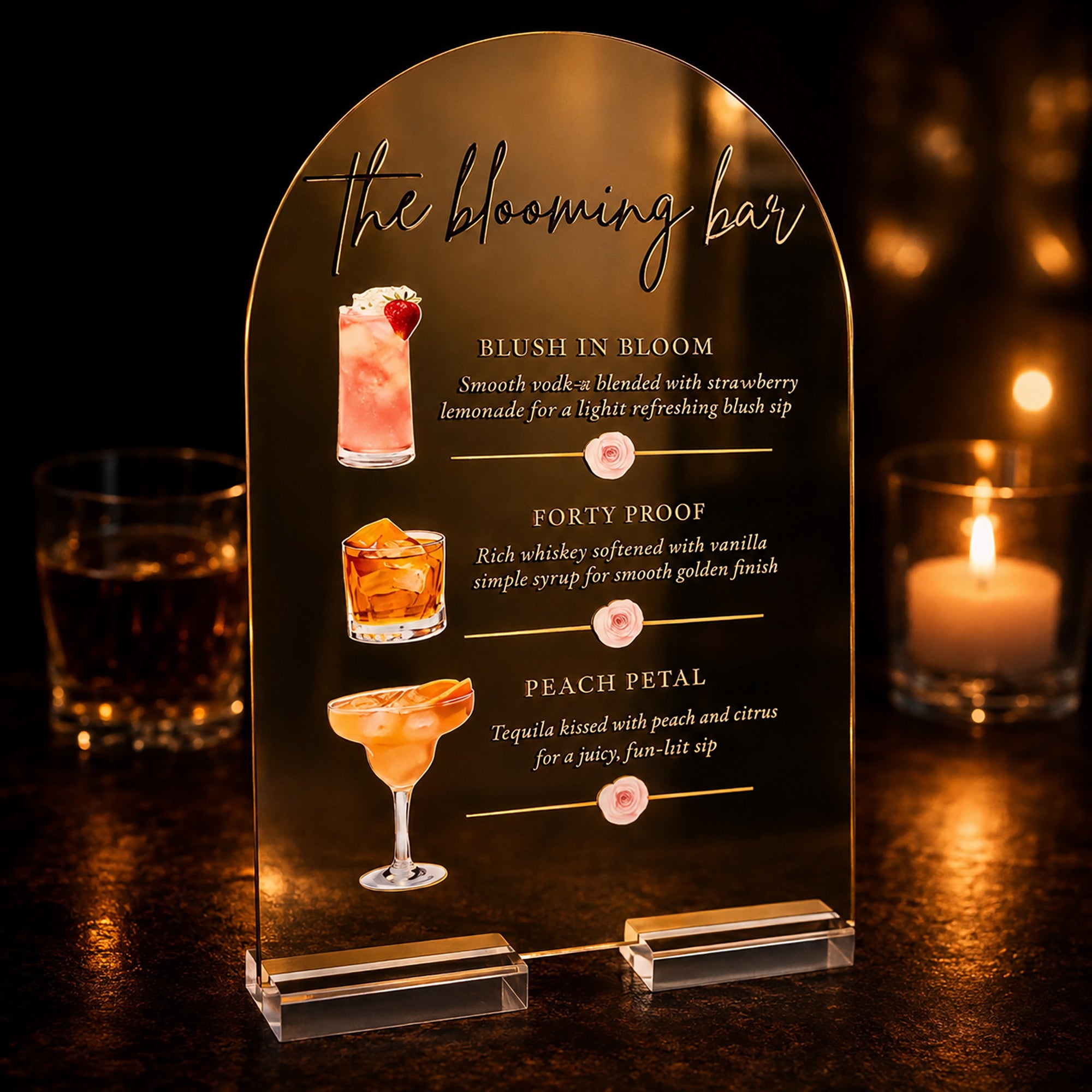 Glass drink menu with cocktail illustrations and descriptions on a dark background