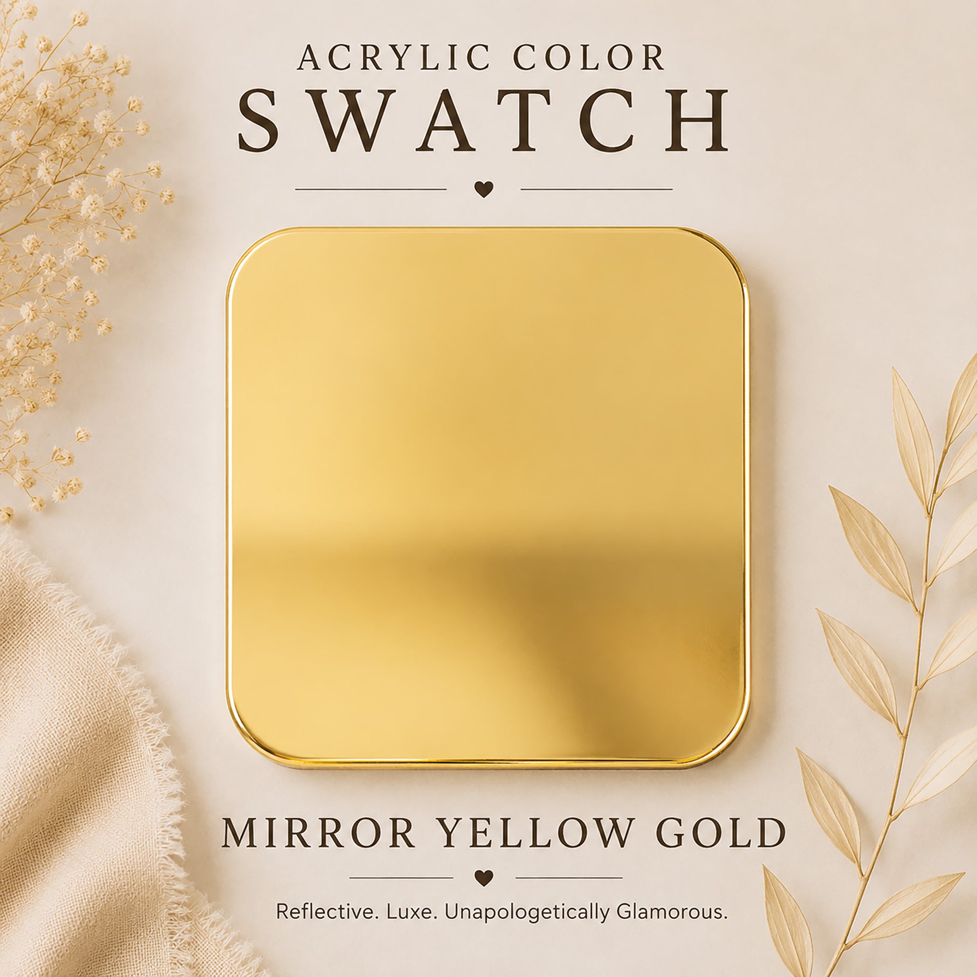 Gold acrylic color swatch on a beige background with text describing the color.