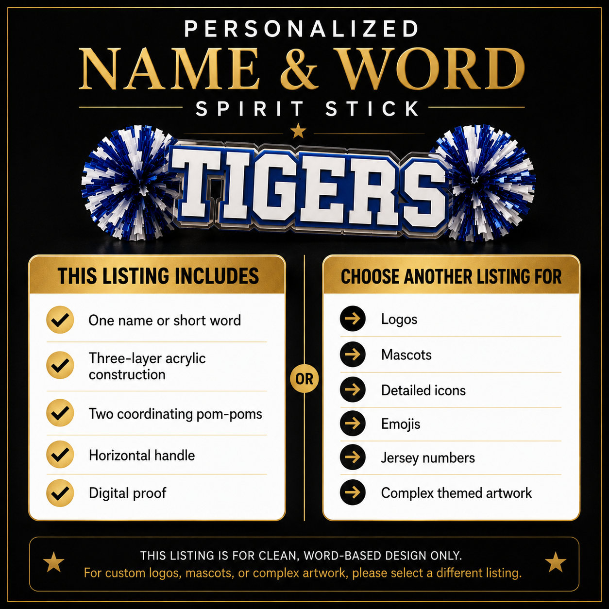 Personalized acrylic spirit stick with bold “TIGERS” text and blue pom-poms