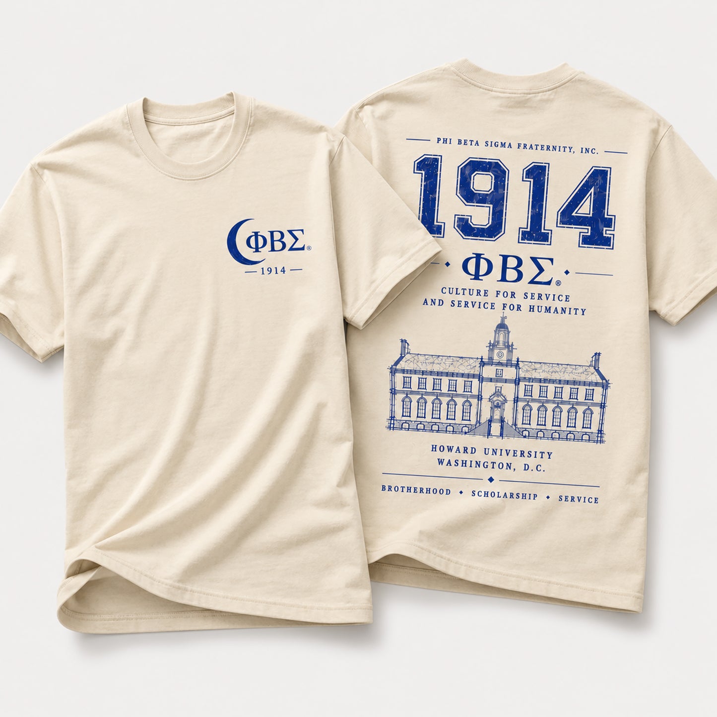 Front and back view of Phi Beta Sigma 1914 t-shirt featuring distressed collegiate artwork and Howard University illustration