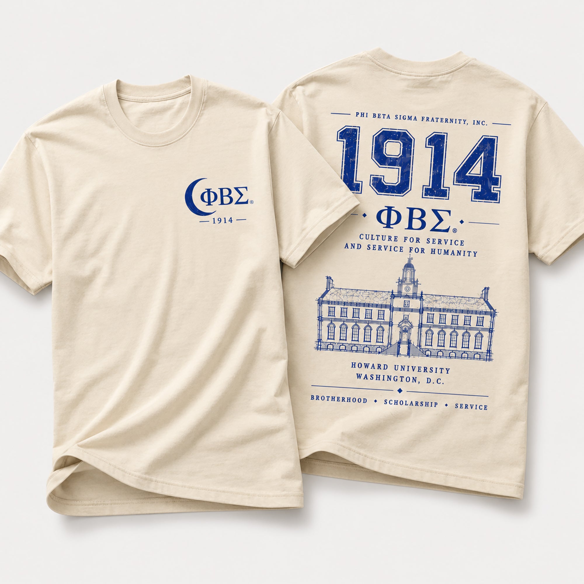 Front and back view of Phi Beta Sigma 1914 t-shirt featuring distressed collegiate artwork and Howard University illustration