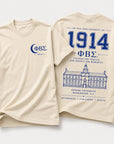 Front and back view of Phi Beta Sigma 1914 t-shirt featuring distressed collegiate artwork and Howard University illustration