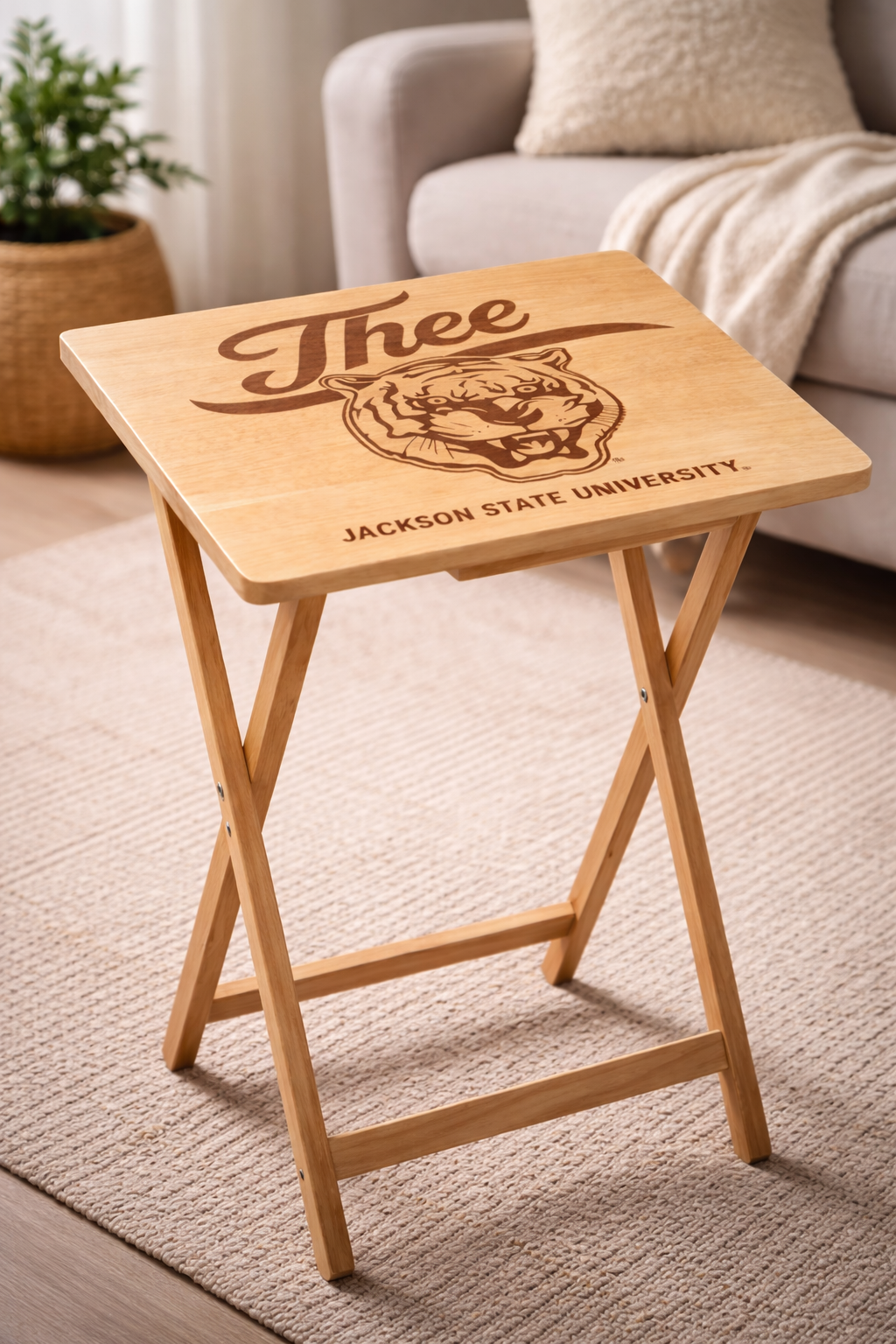 Natural folding tray table with engraved “J’thee” script, tiger crest, and Jackson State University
