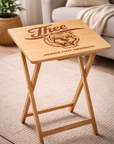 Natural folding tray table with engraved “J’thee” script, tiger crest, and Jackson State University