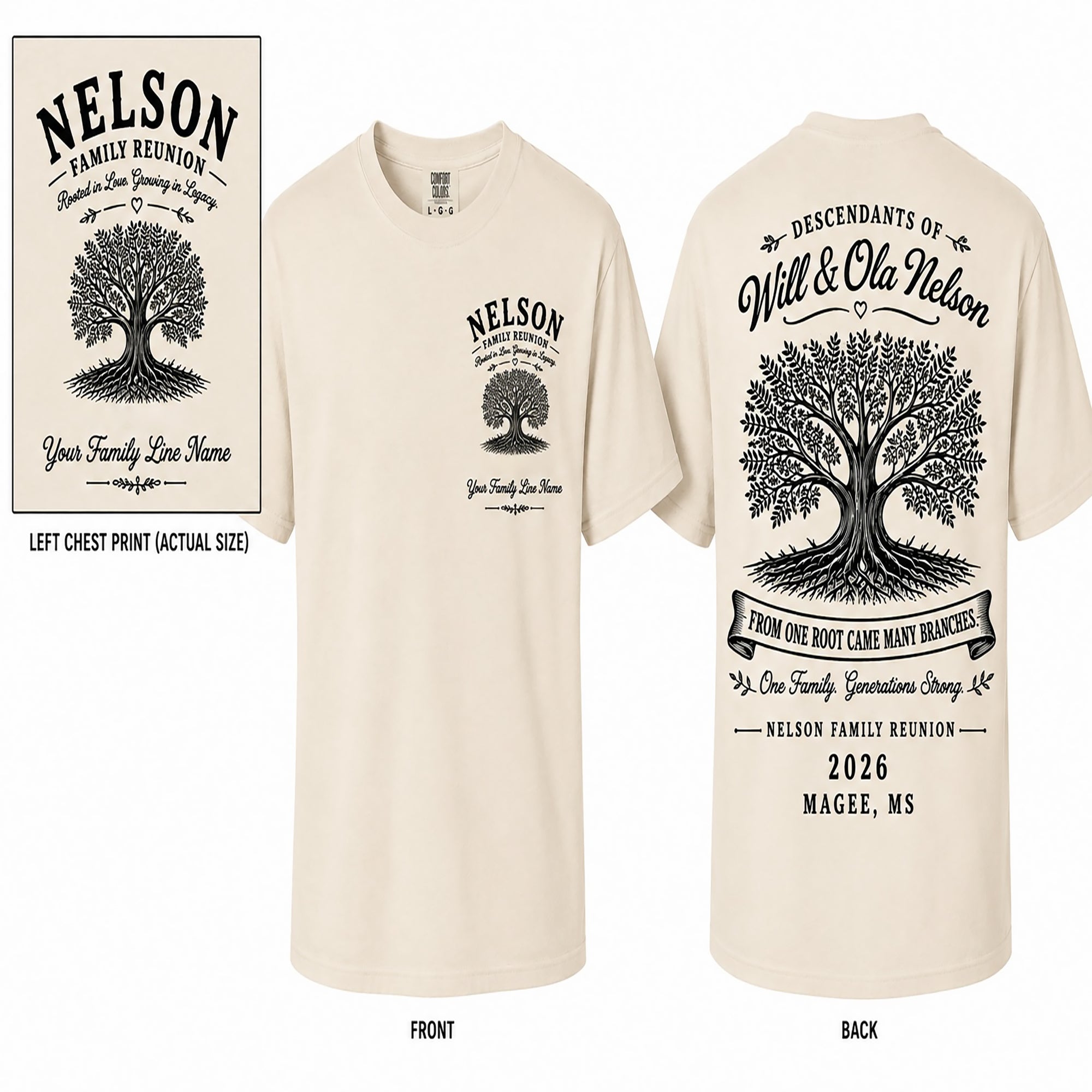Natural white Nelson family reunion T-shirt with tree graphic on front and back text