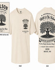 Natural white Nelson family reunion T-shirt with tree graphic on front and back text