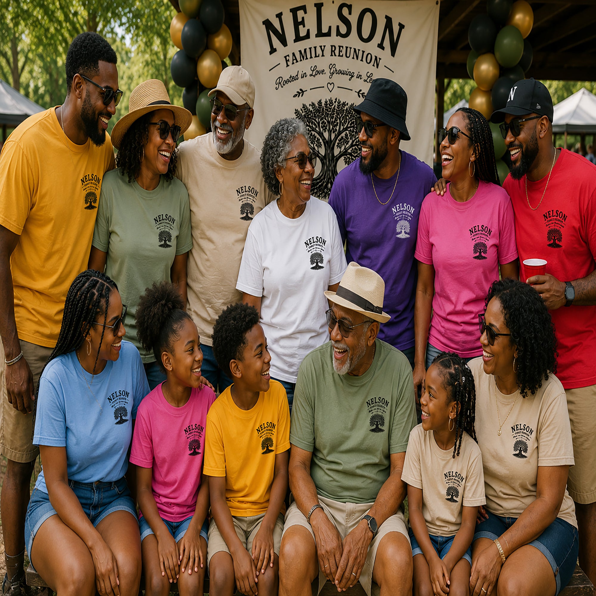People wearing yellow Nelson family reunion T-shirts with tree logos at an outdoor event