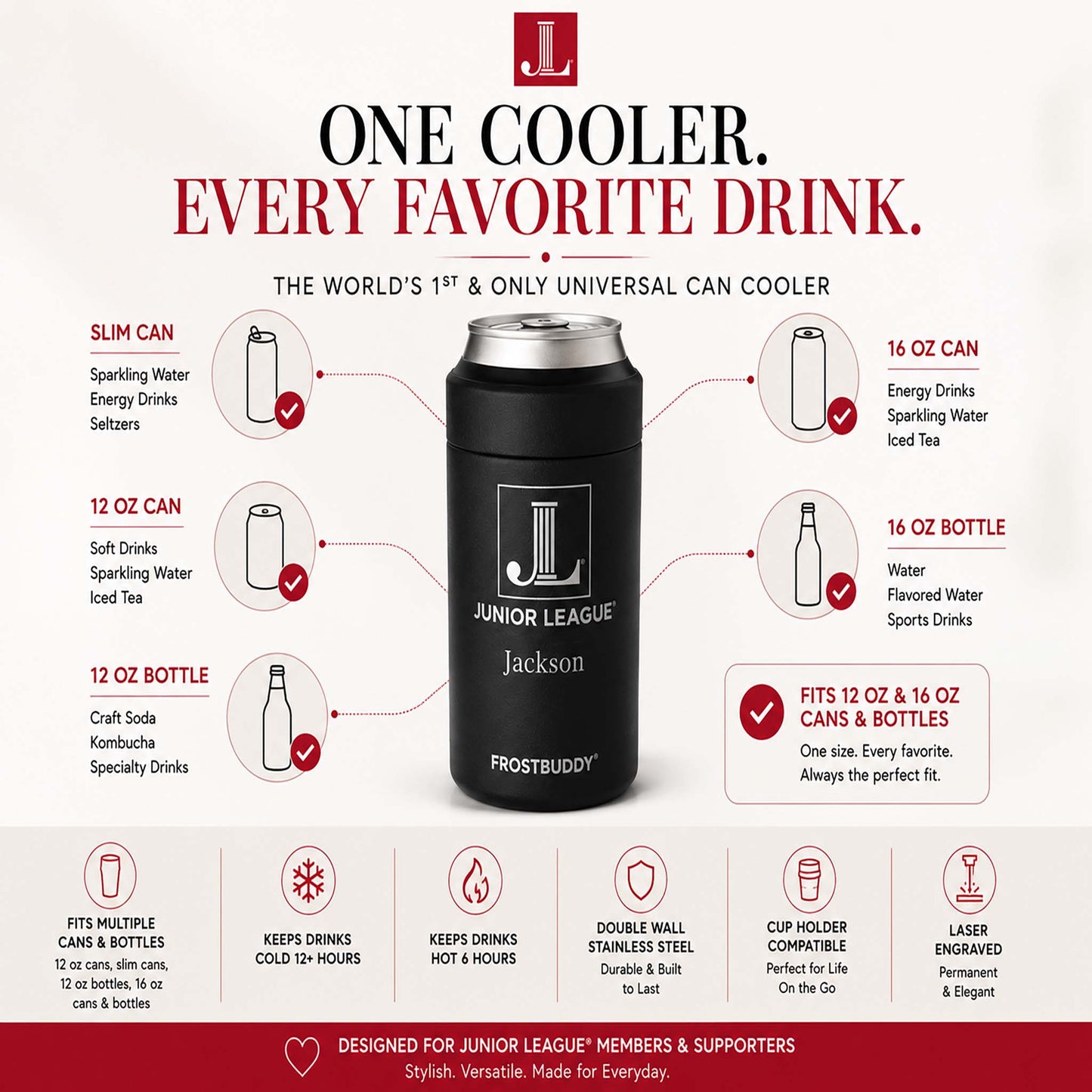 Official Junior League® Frost Buddy Universal Buddy | Personalized Chapter Engraved Can Cooler