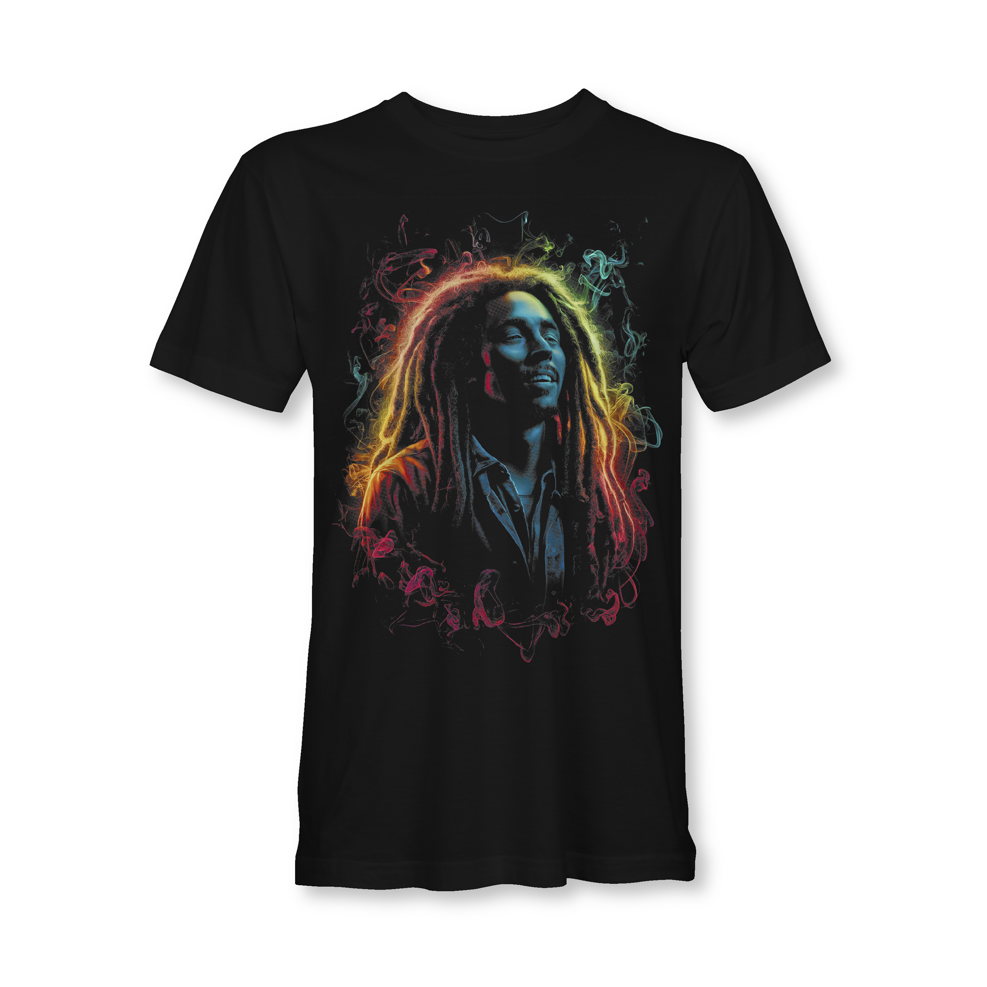 Black t-shirt with a colorful graphic of a famous person on a white background