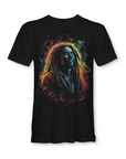 Black t-shirt with a colorful graphic of a famous person on a white background