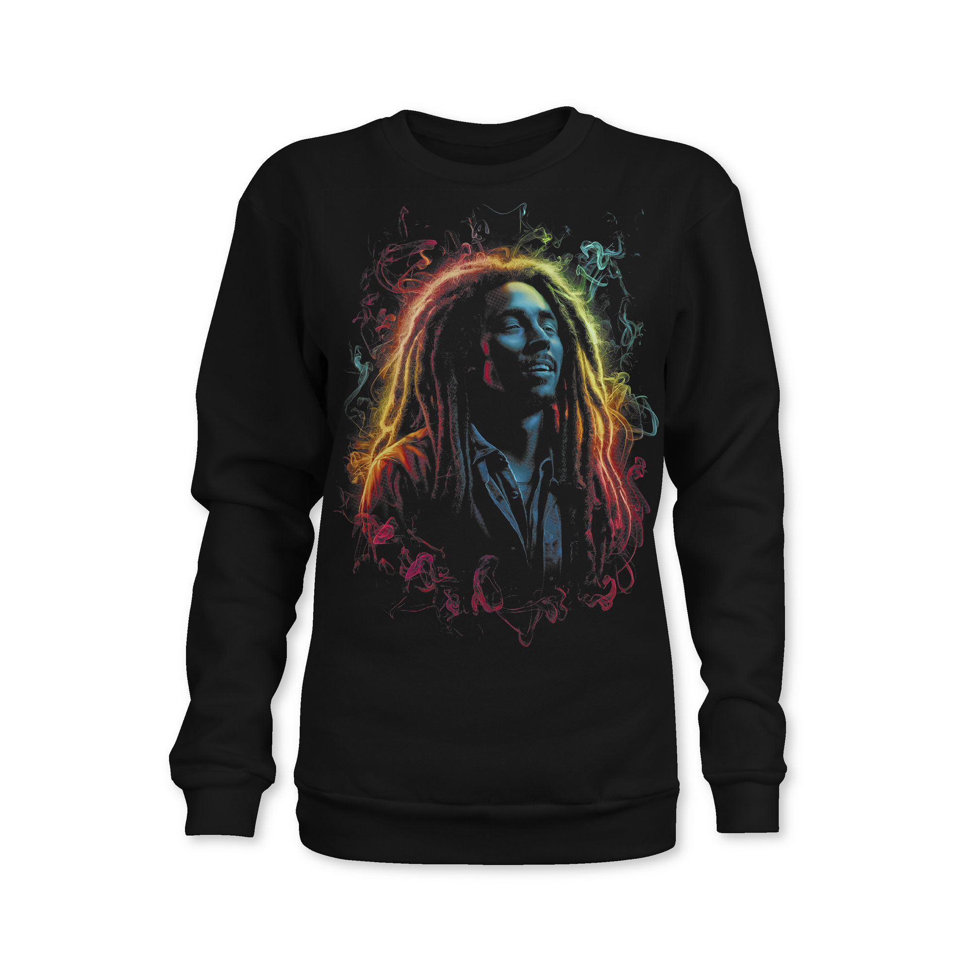 Black sweatshirt with a colorful graphic of a famous person on a white background