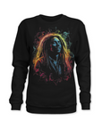 Black sweatshirt with a colorful graphic of a famous person on a white background