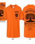 Orange Nelson family reunion T-shirt: front tree logo, back large tree with reunion text