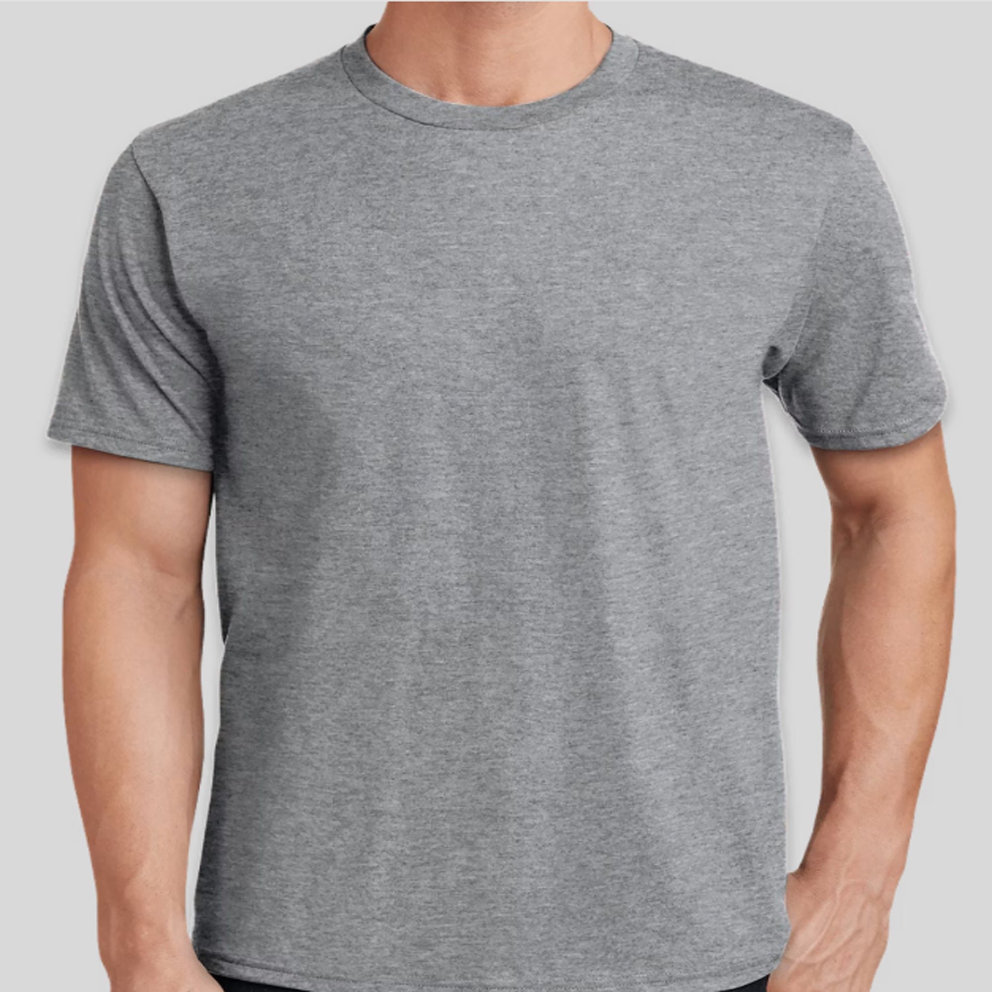 Gray t-shirt worn by a person on a light gray background