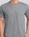 Gray t-shirt worn by a person on a light gray background