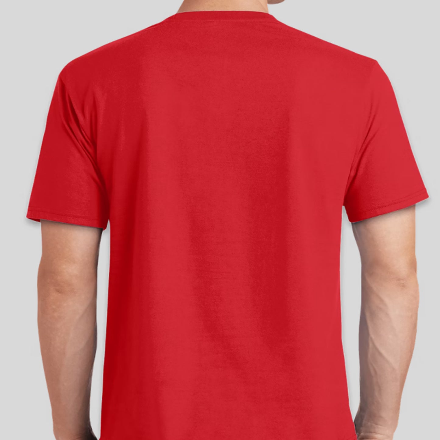 Red t-shirt worn by a person on a gray background