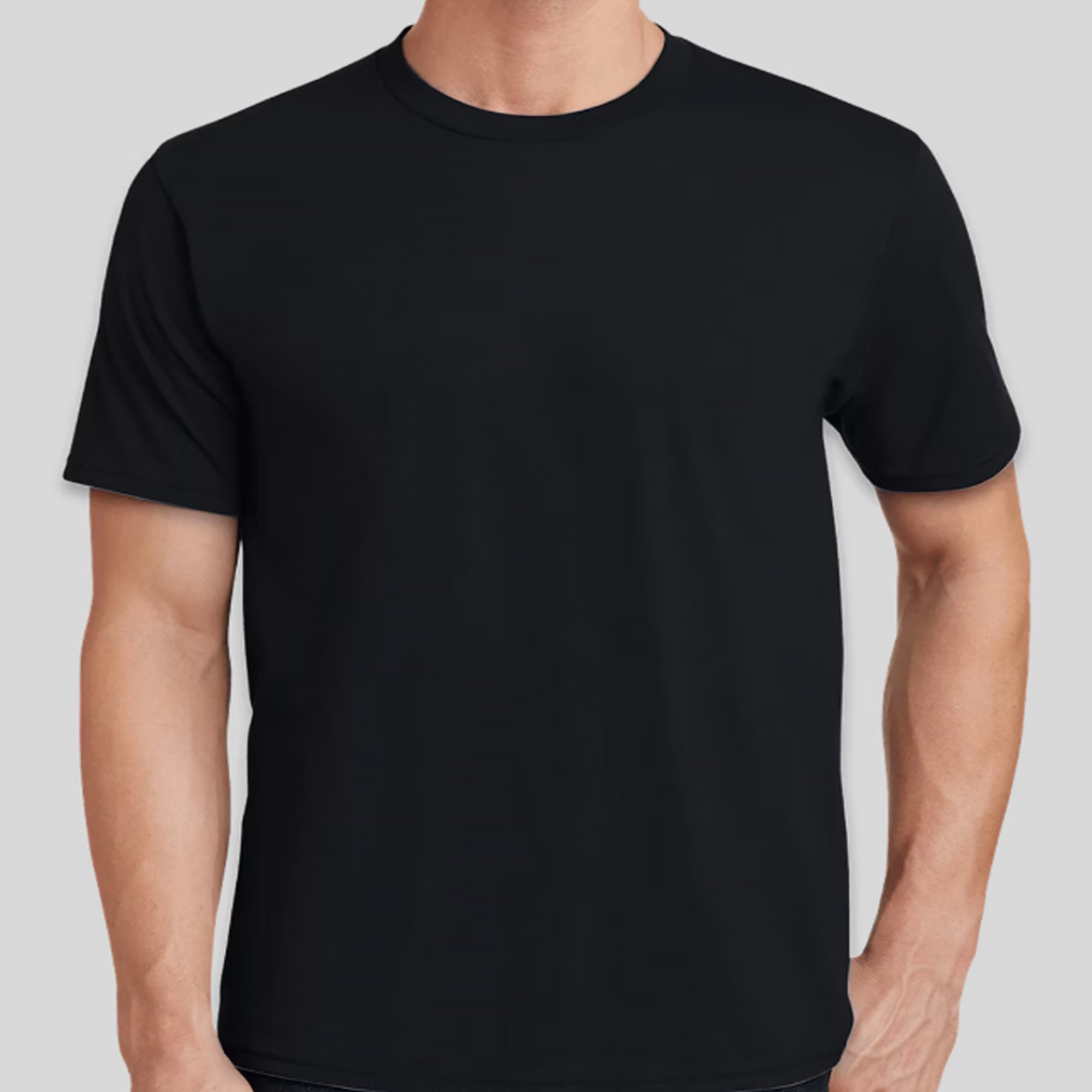 Black t-shirt worn by a person on a light gray background