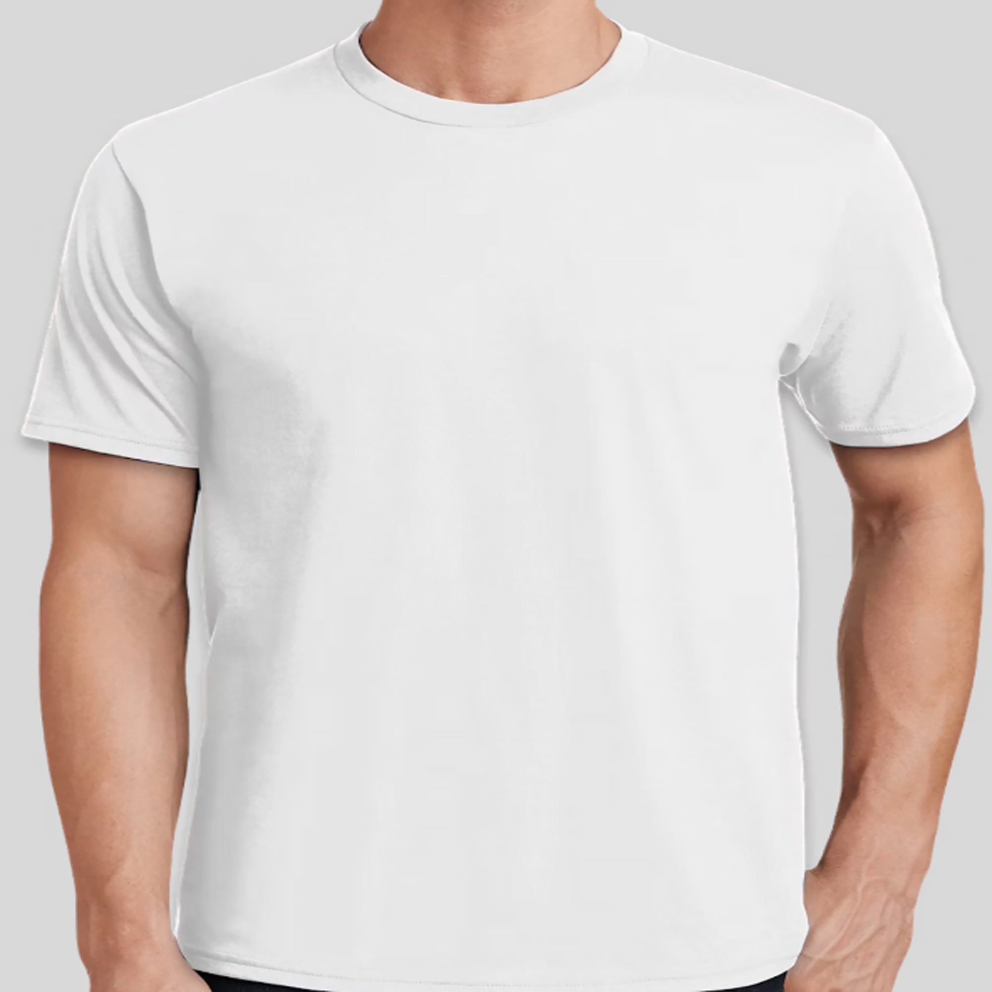 White t-shirt worn by a person on a light gray background