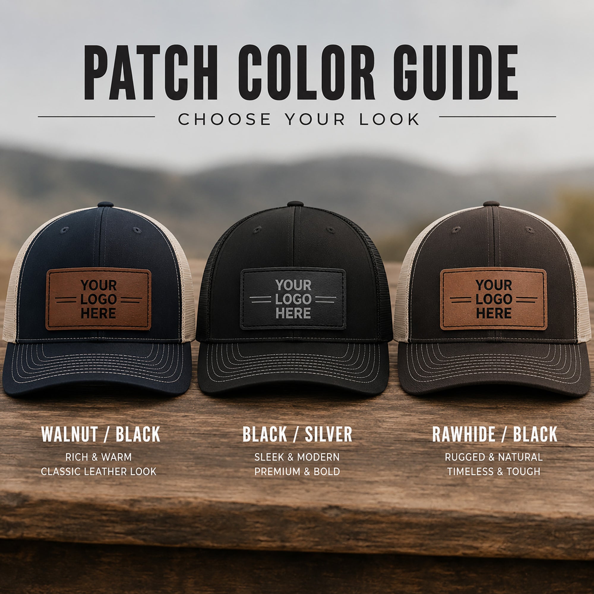 Three customizable hats with leather patches on a wooden surface, featuring text for patch color guide.