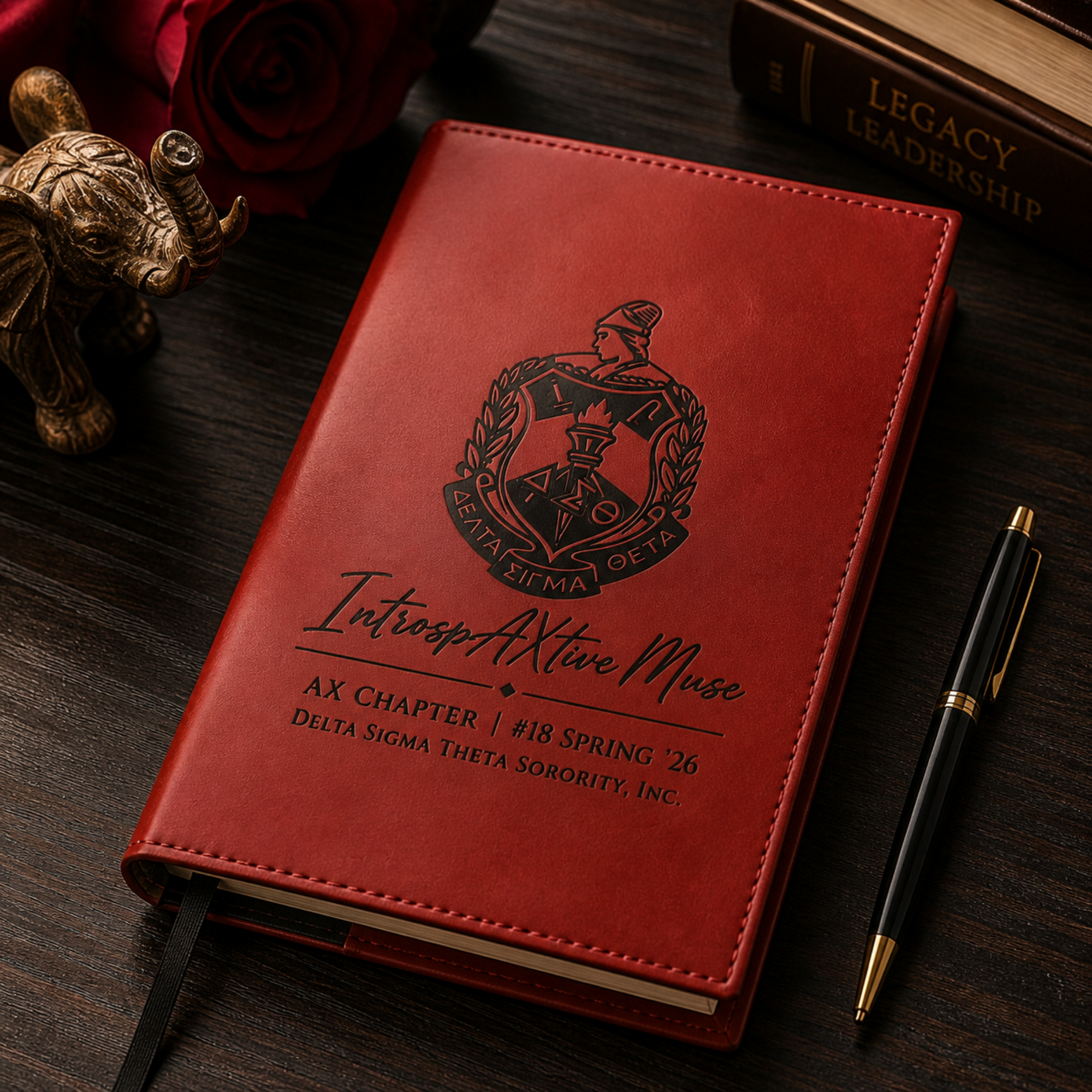 Red notebook with laser engraved design and text on a wooden surface with a pen and decorative items.