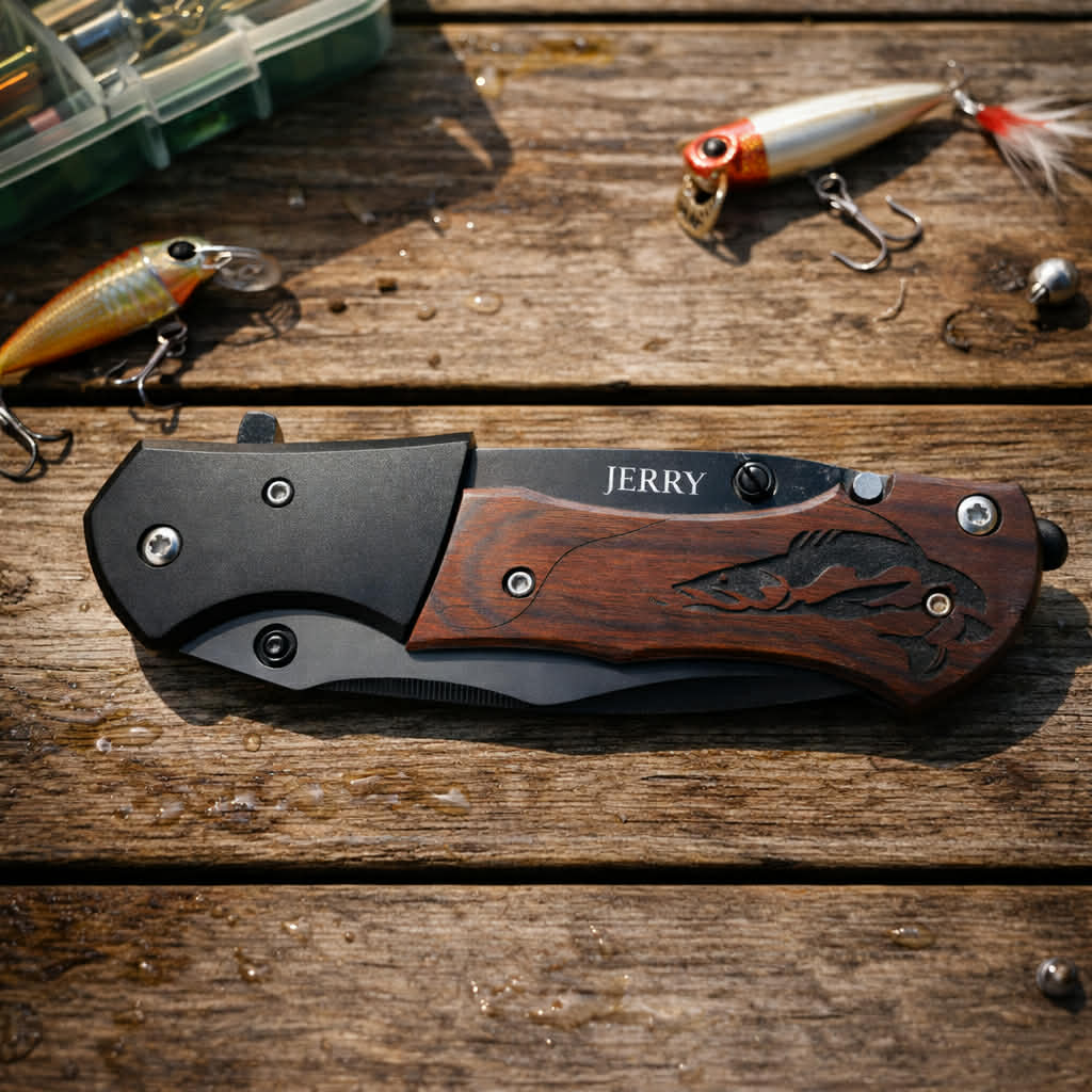 Detailed image showing precision laser engraving on a premium folding pocket knife