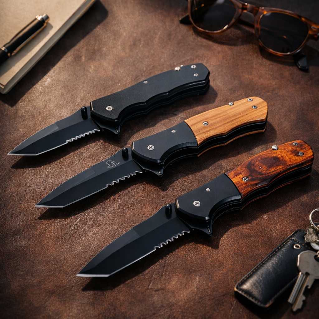 Three folding knives with wooden handles on a brown surface with sunglasses and keys.