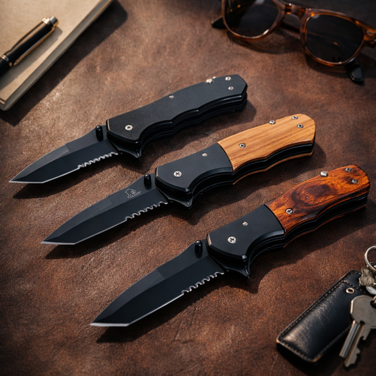 Three folding knives with wooden handles on a brown surface with sunglasses and keys.