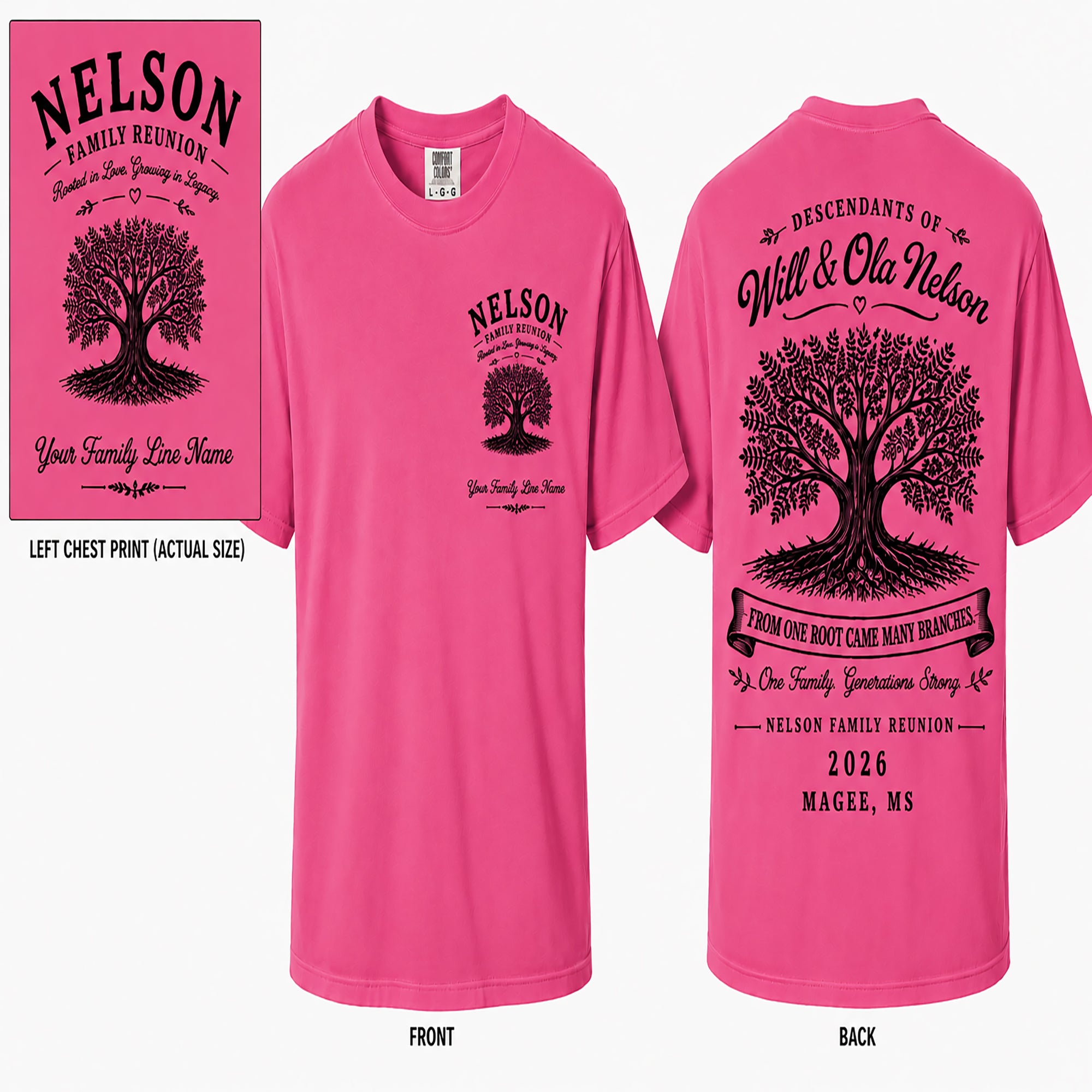Pink Nelson family reunion T-shirt with tree graphic on front and back text