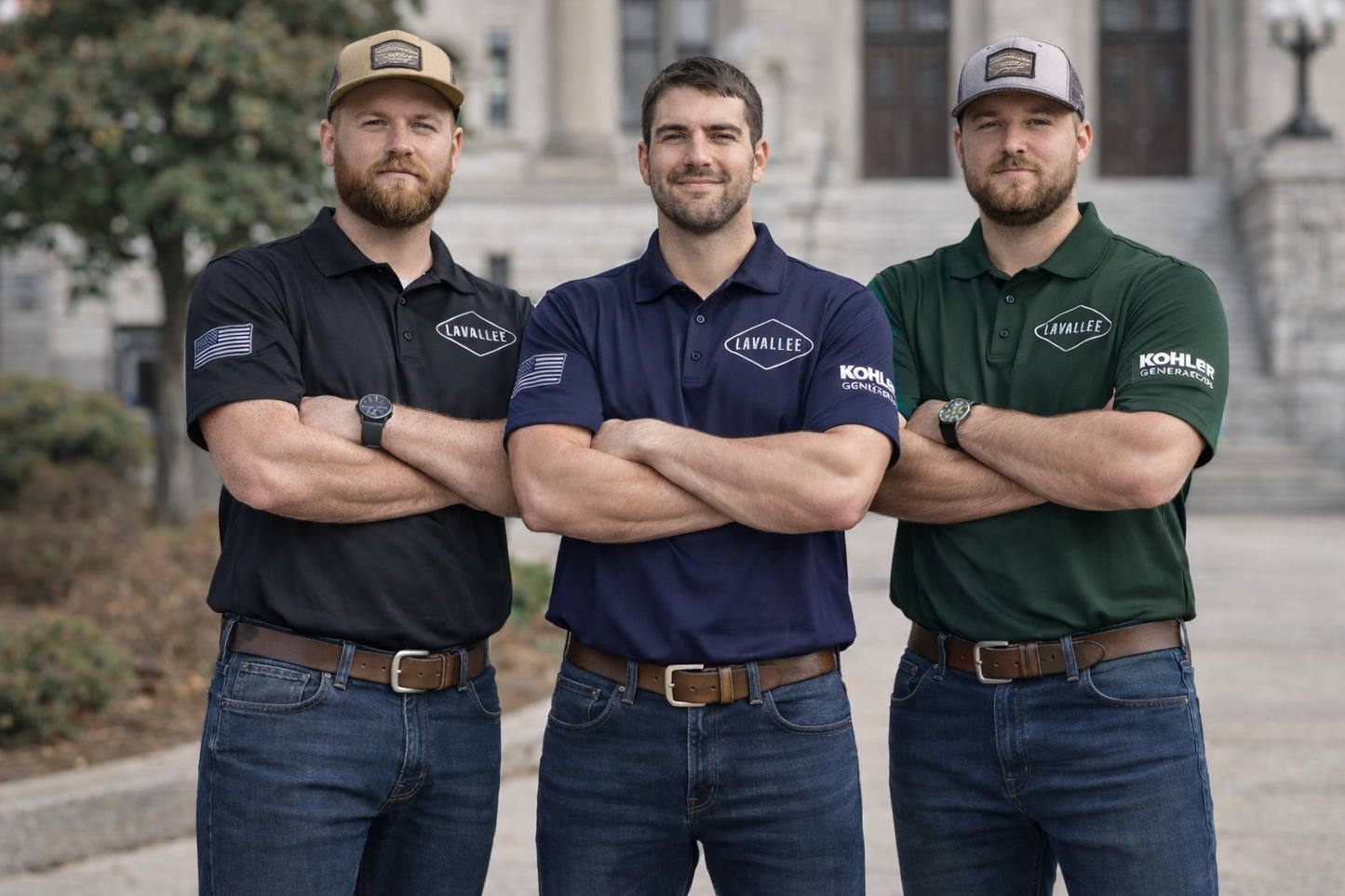 Three men wearing Lavallee Electrical and Generator and Kohler-branded clothing with American Flag standing in front of a building.