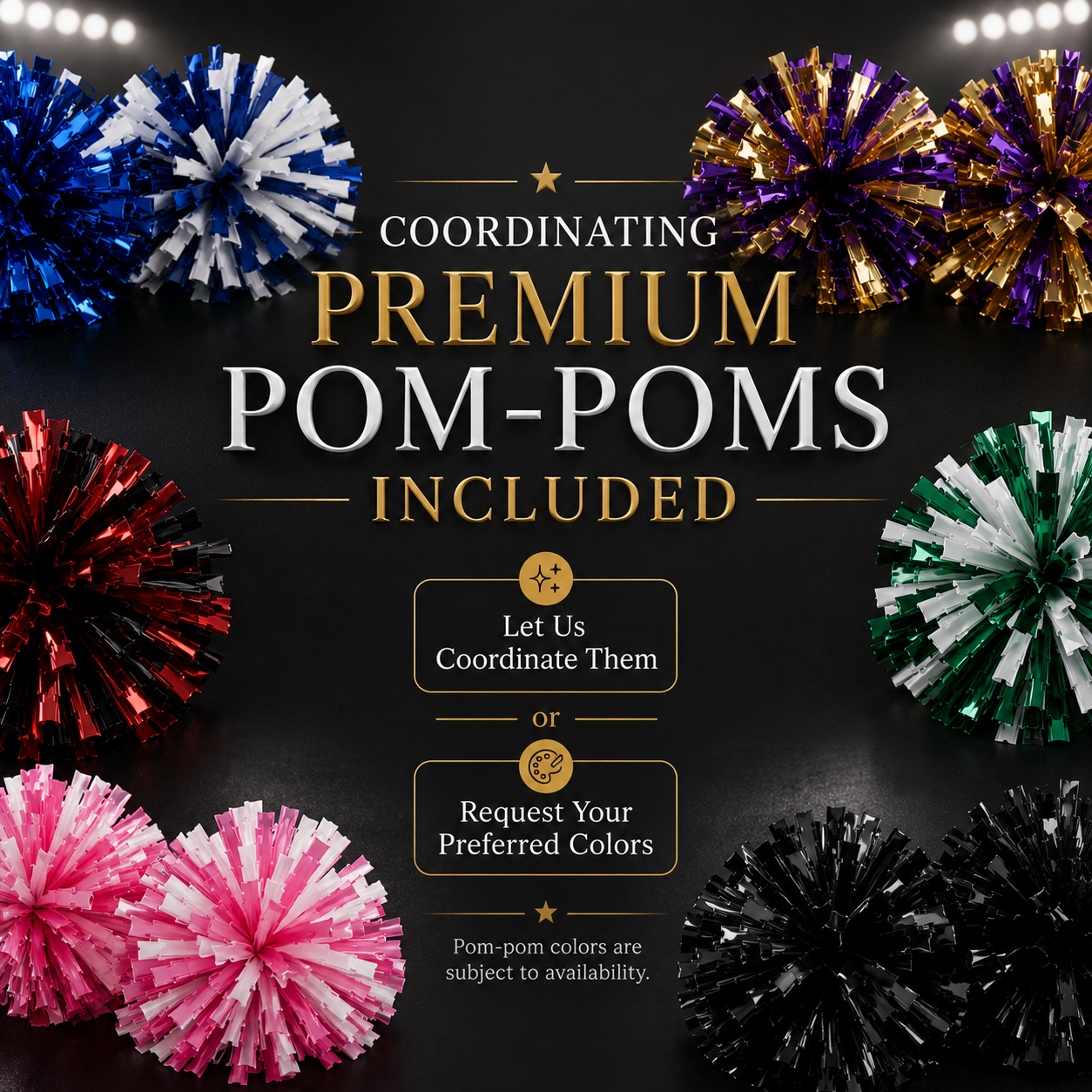 Coordinating premium pom-poms in multiple colors, shown with blue and gold accents