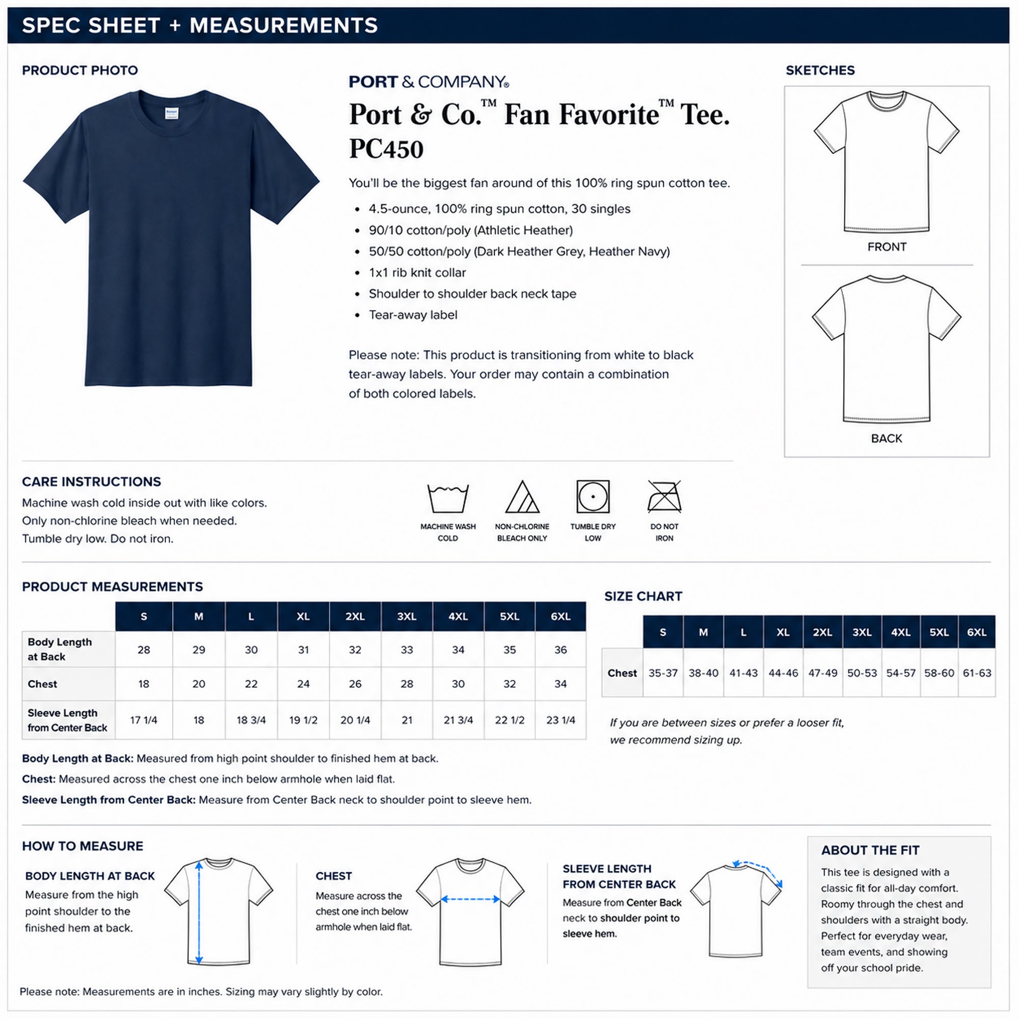 Spec sheet and measurements for Port &amp; Company t-shirt with product details and size chart.
