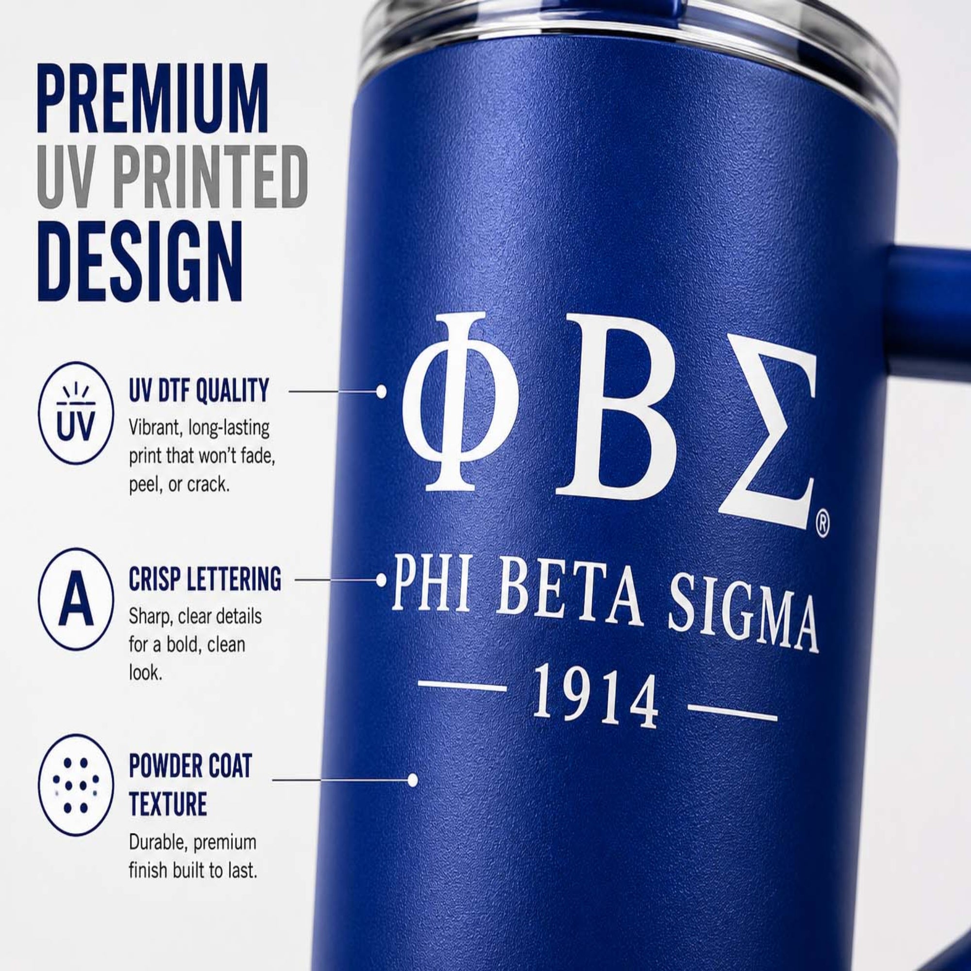 Blue tumbler with Phi Beta Sigma logo and text on a white background