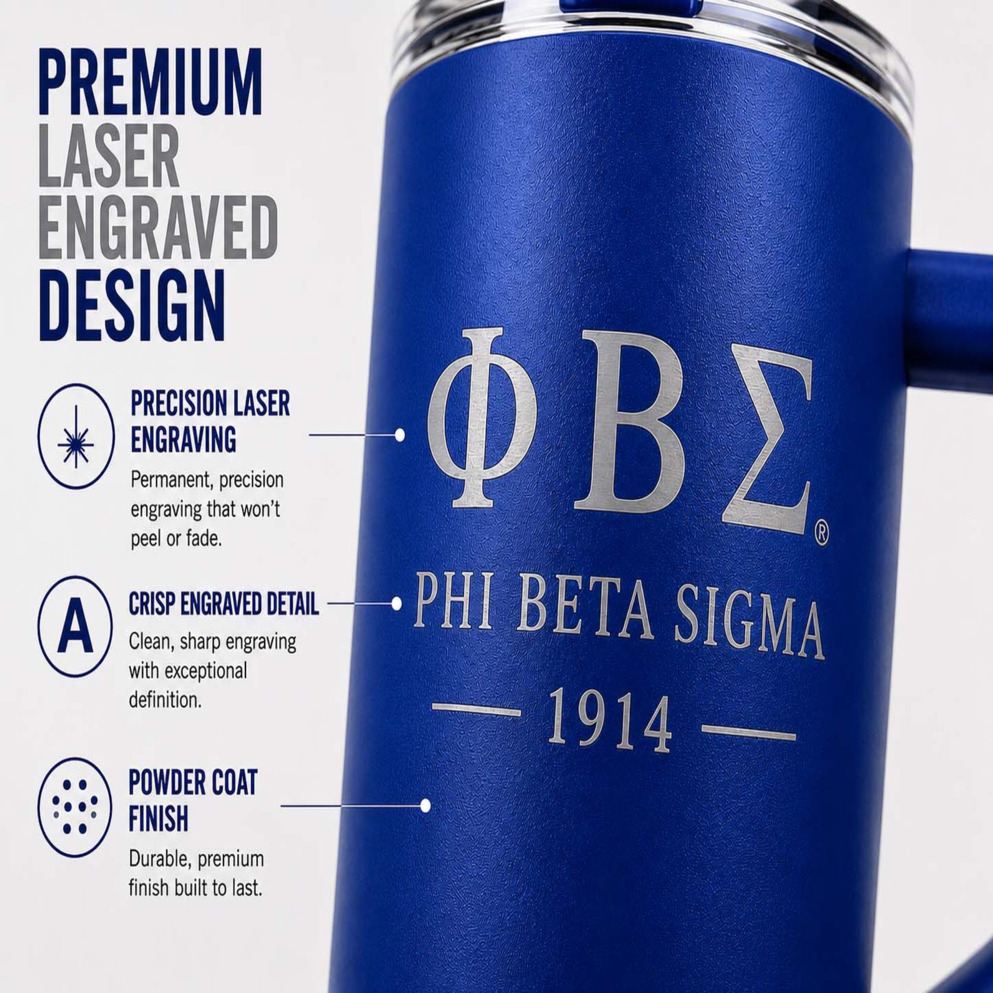 Blue mug with Phi Beta Sigma logo and text on a white background