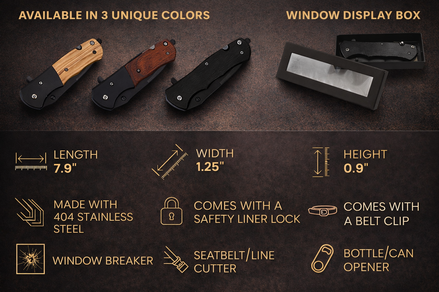 Pocket knife window display box with belt clip and safety liner lock, bottle/can opener