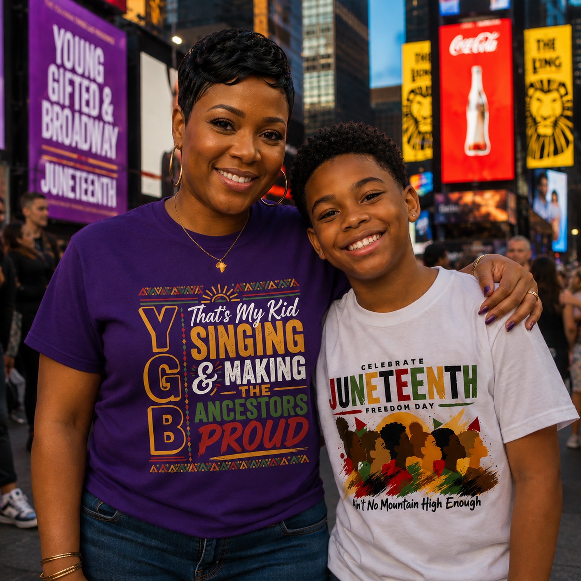 Mother and Son wearing Juneteenth-themed t-shirts in a busy urban setting with billboards in the background.