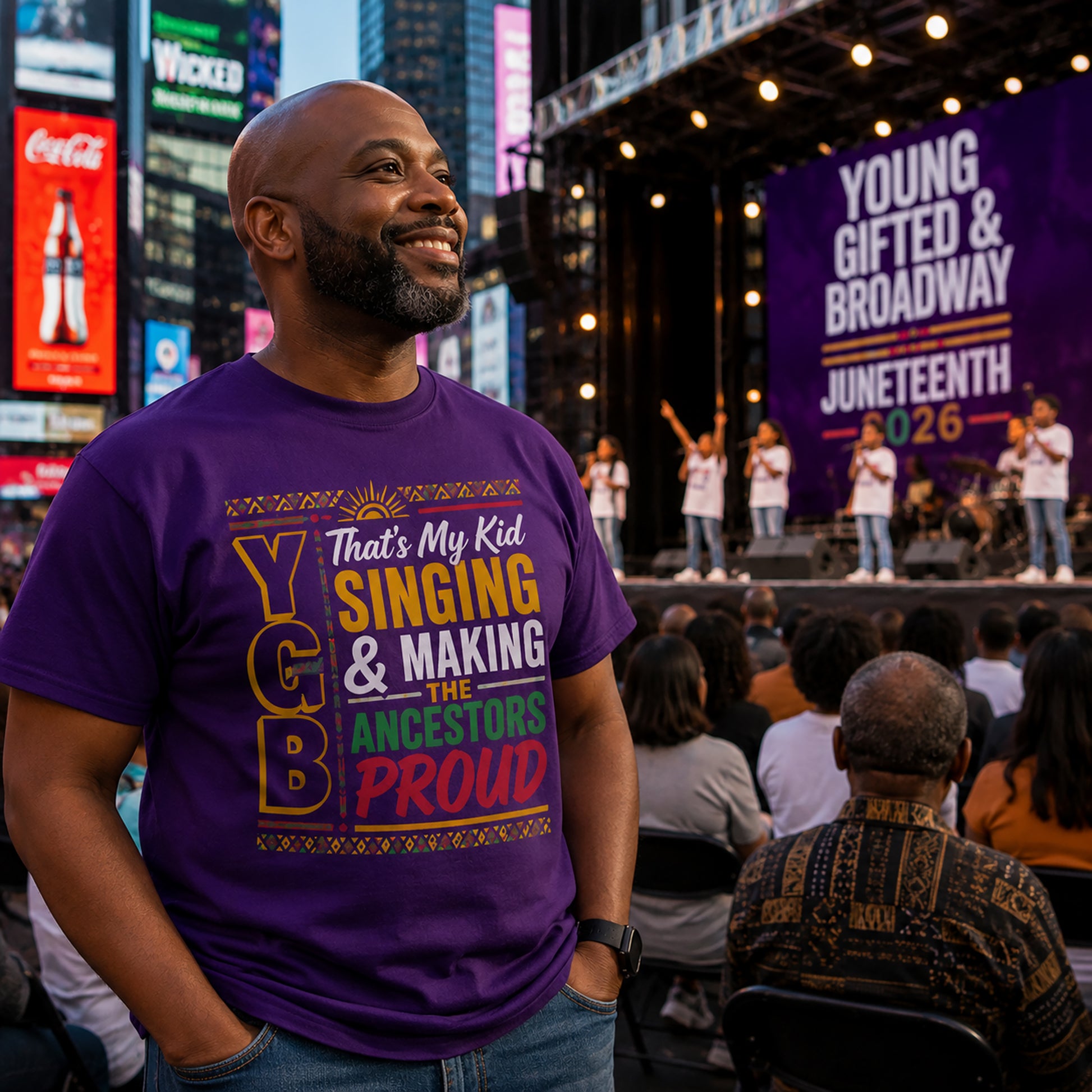 Man wearing a purple t-shirt with colorful text at a Juneteenth event on Broadway.