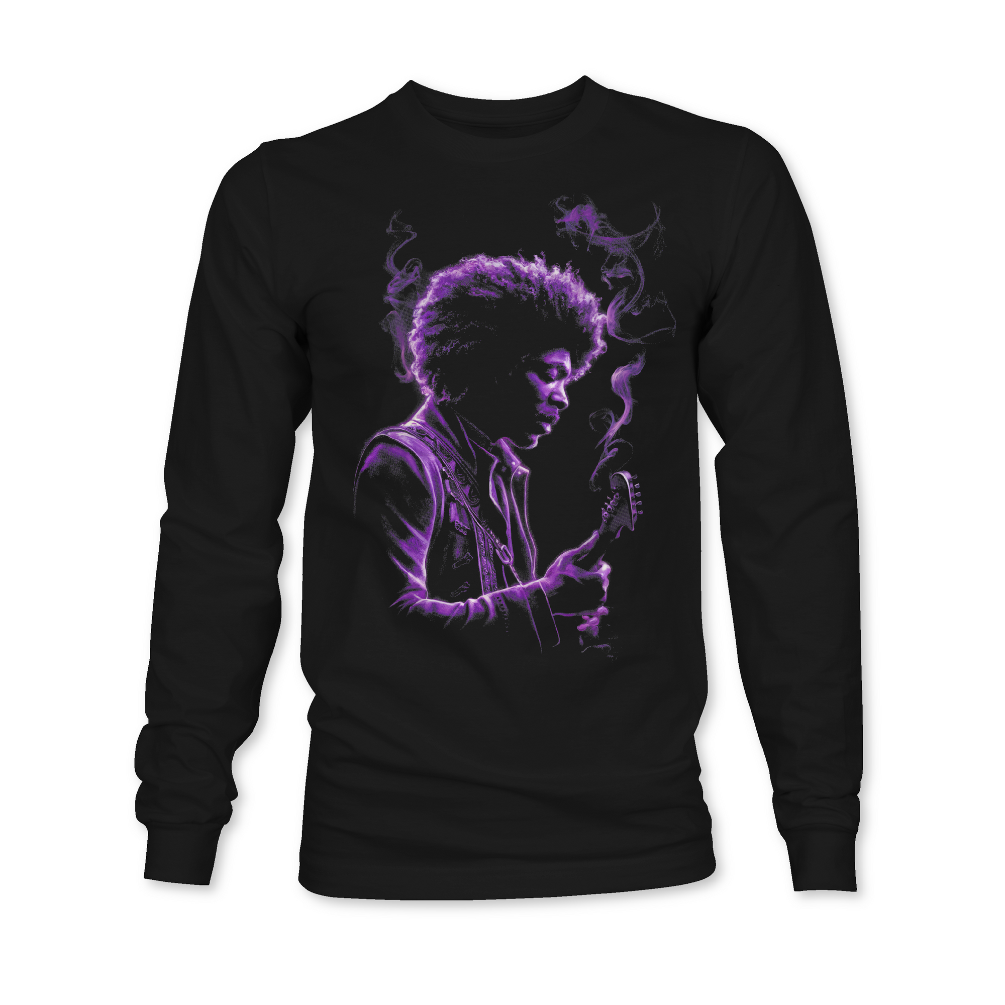 Black long-sleeve T-shirt with purple portrait graphic