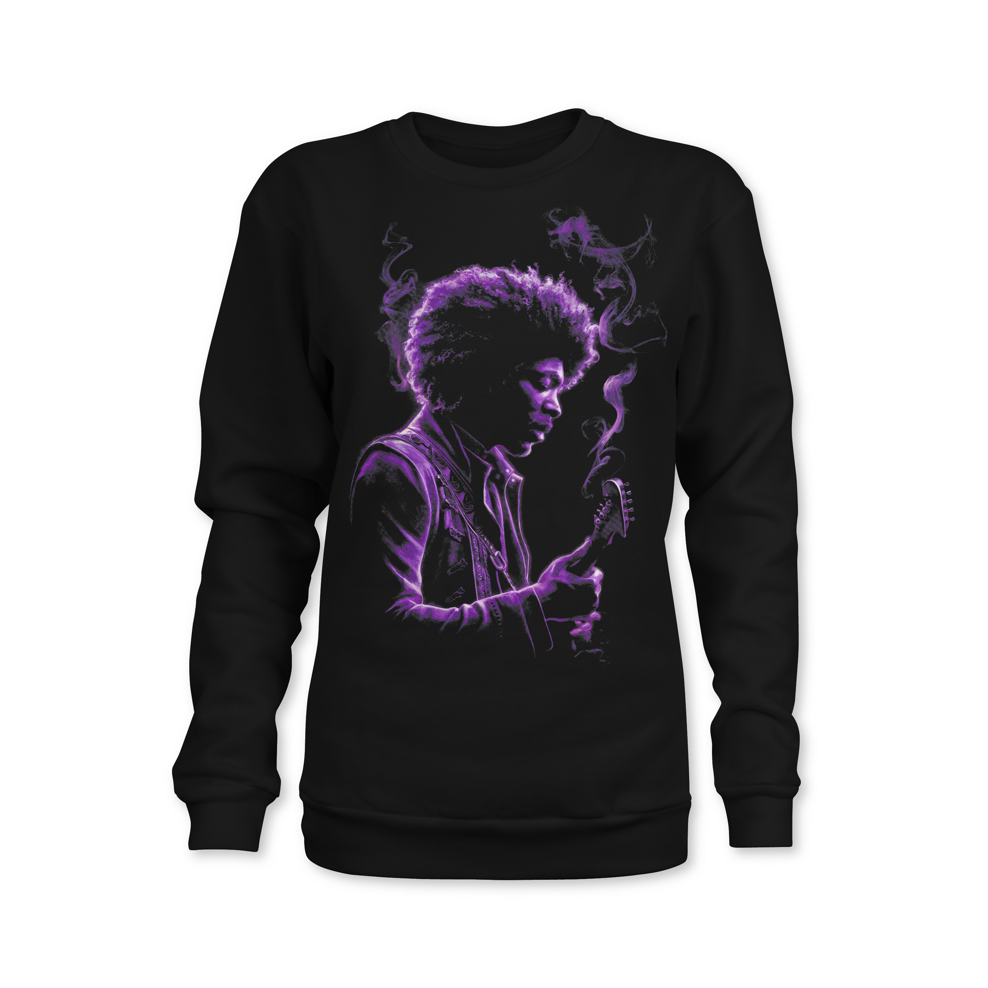 Black sweatshirt with purple portrait graphic