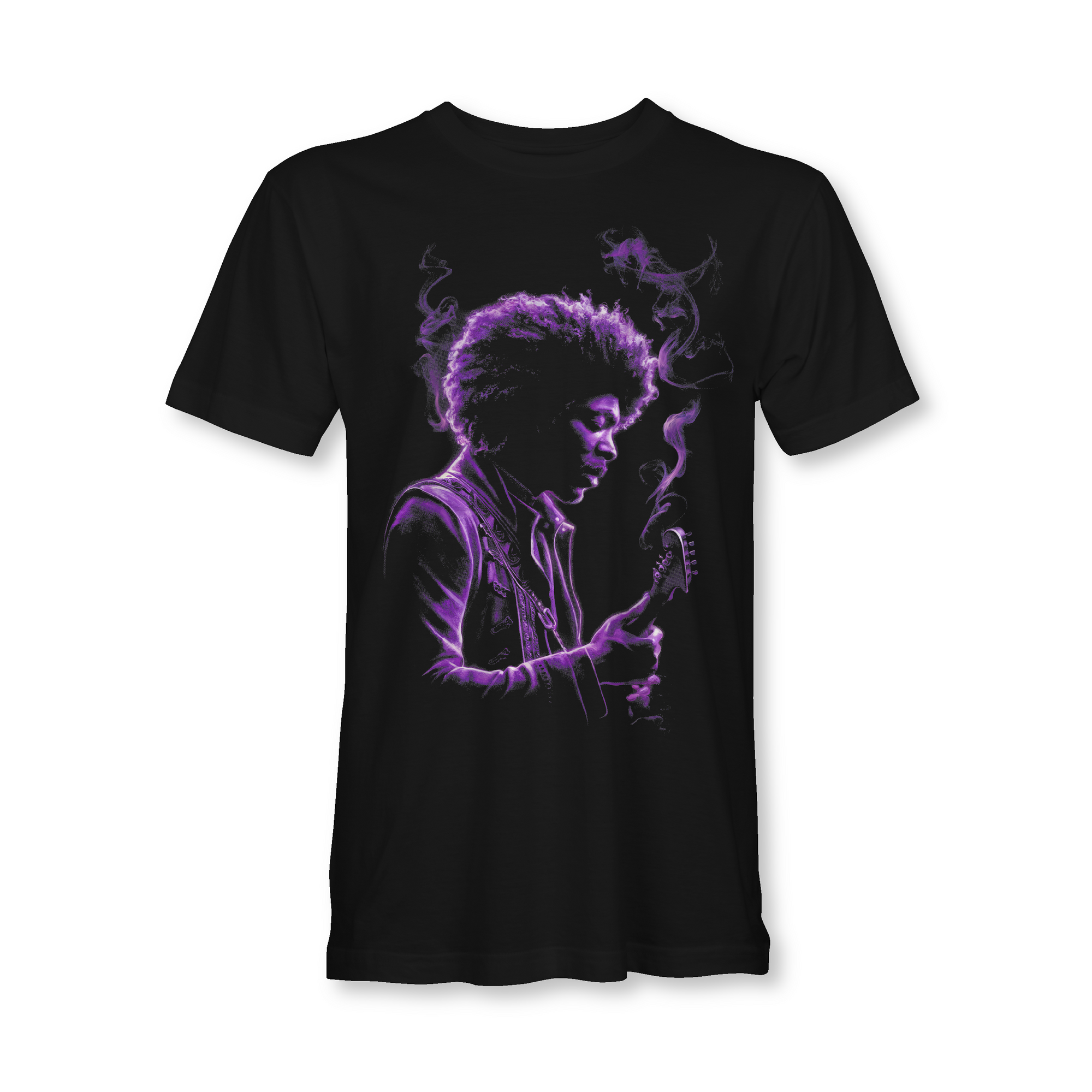 Black short-sleeve T-shirt with purple portrait graphic