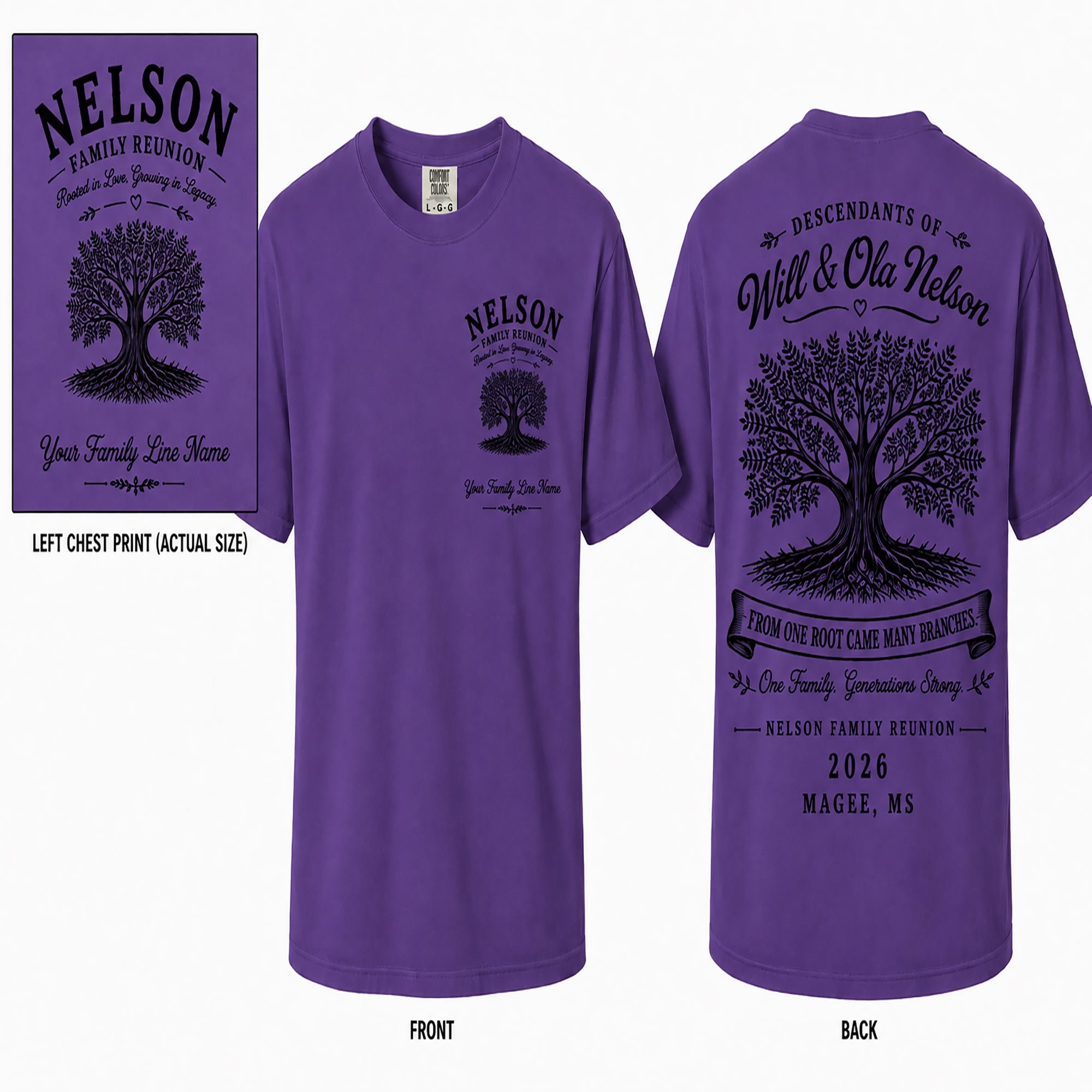 Purple Nelson family reunion T-shirt with tree graphic on front and back text