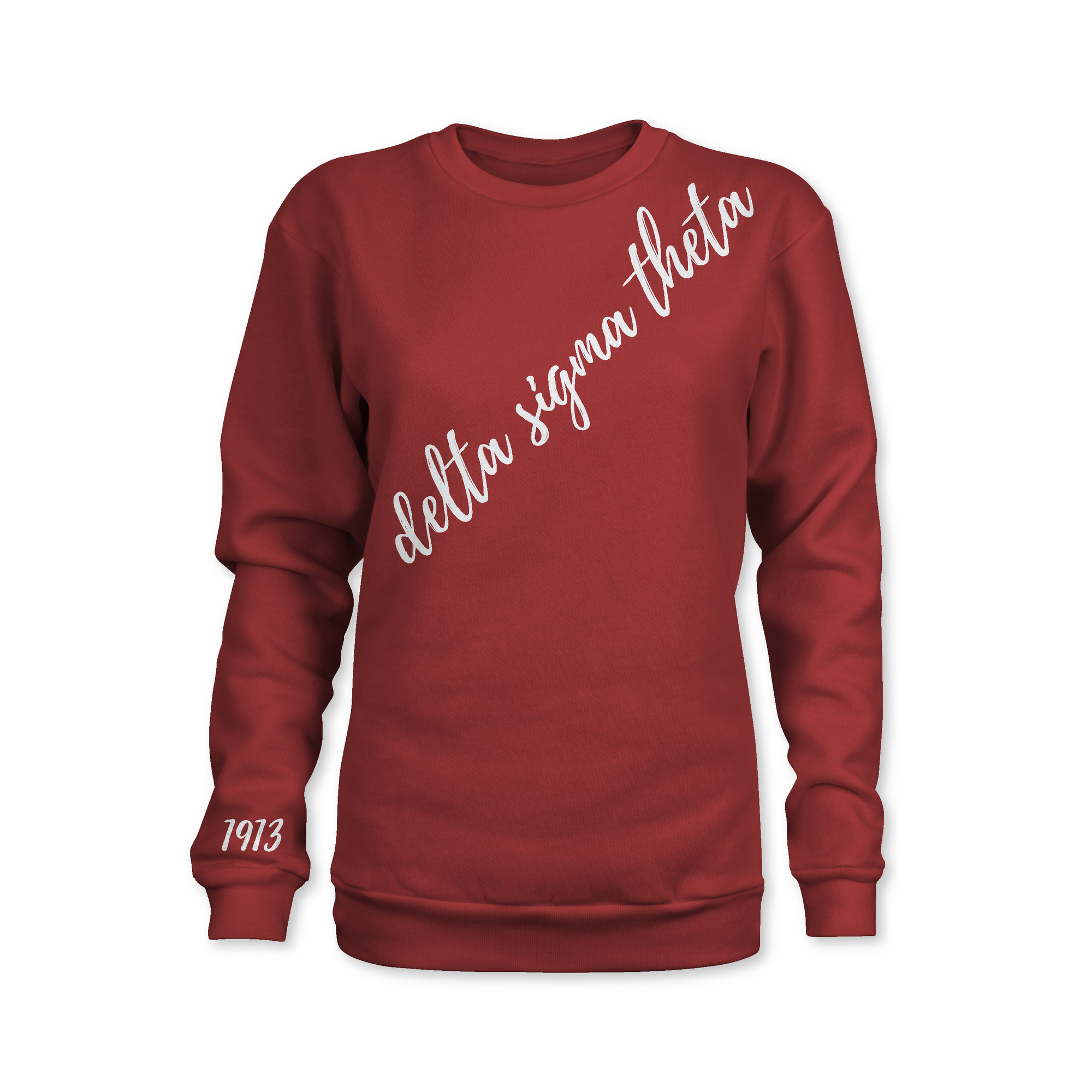 Red sweatshirt with 'delta sigma theta' text on a white background