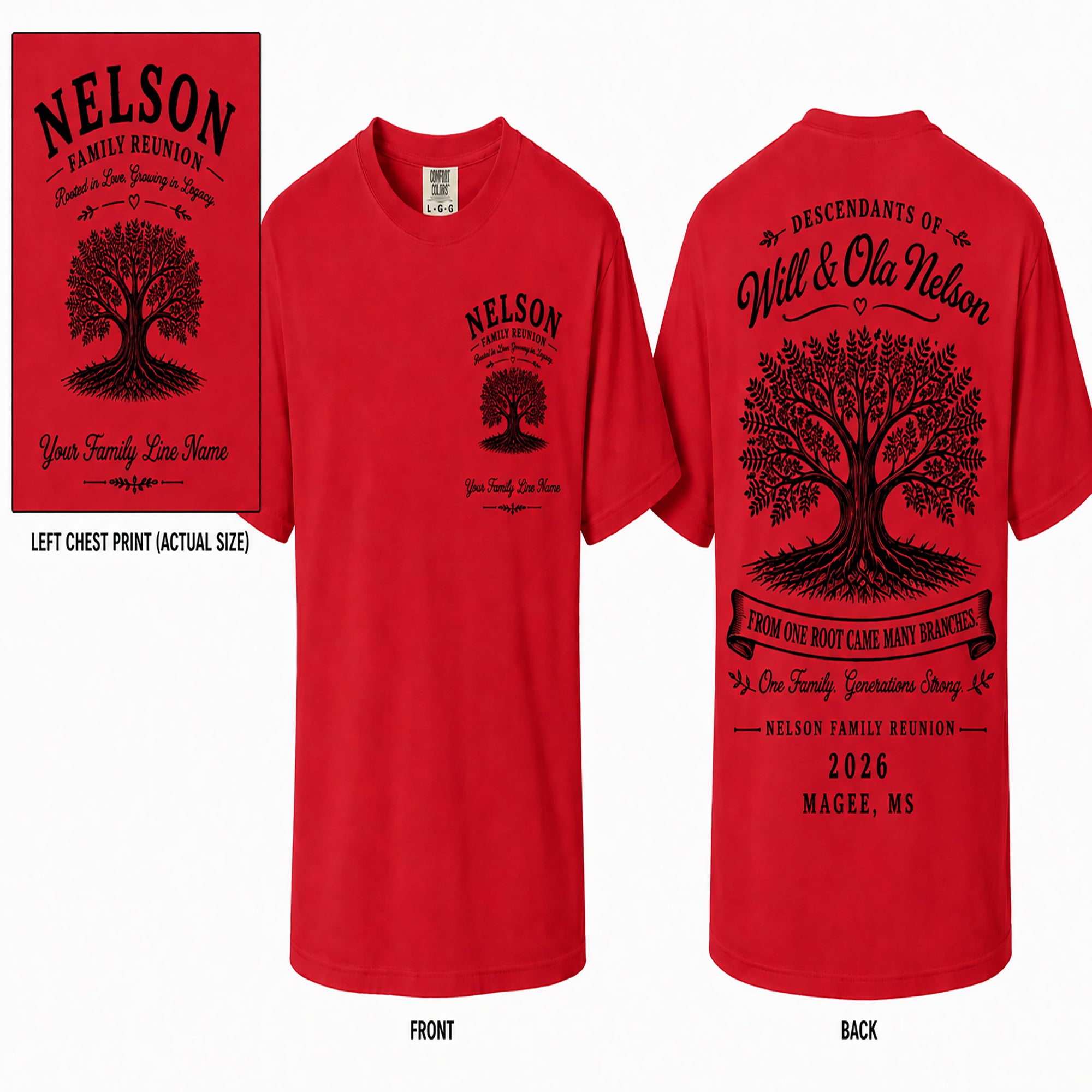 Red Nelson family reunion T-shirt with tree graphic on front and back text