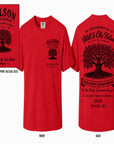 Red Nelson family reunion T-shirt with tree graphic on front and back text