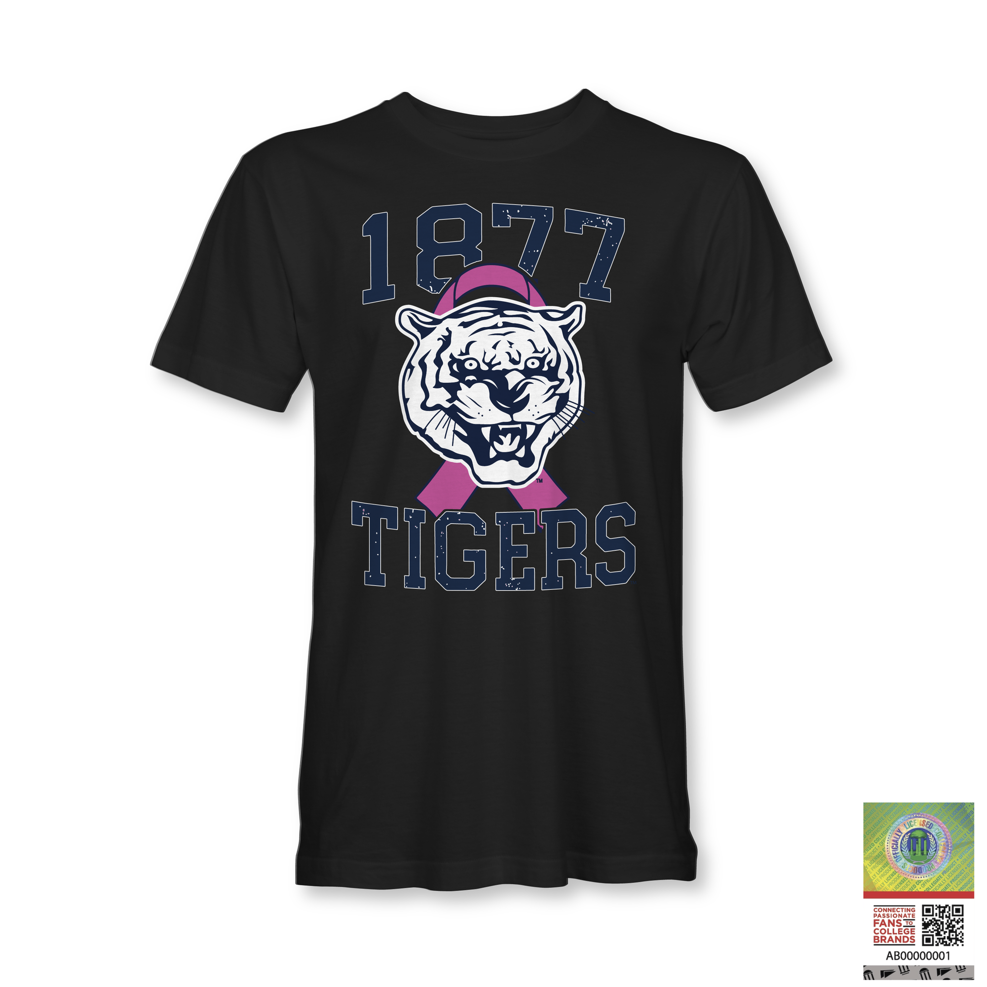 Black T-shirt with 1977 Tigers tiger head and pink ribbon graphic