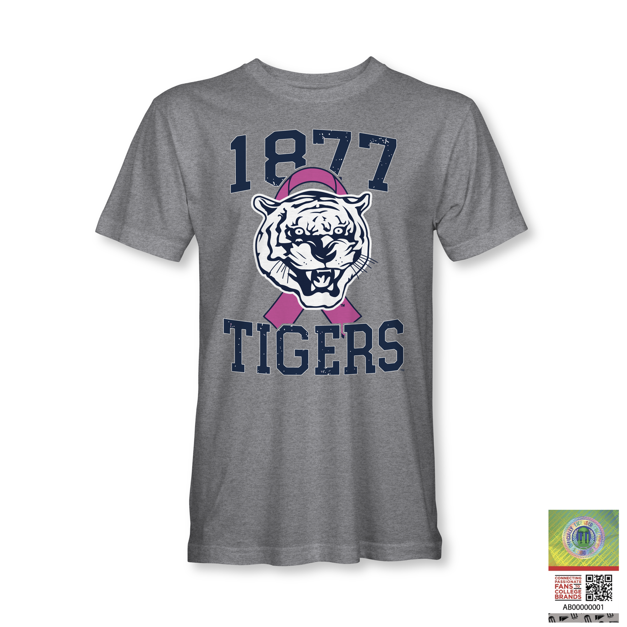 Heather gray T-shirt with 1977 Tigers tiger head and pink ribbon graphic